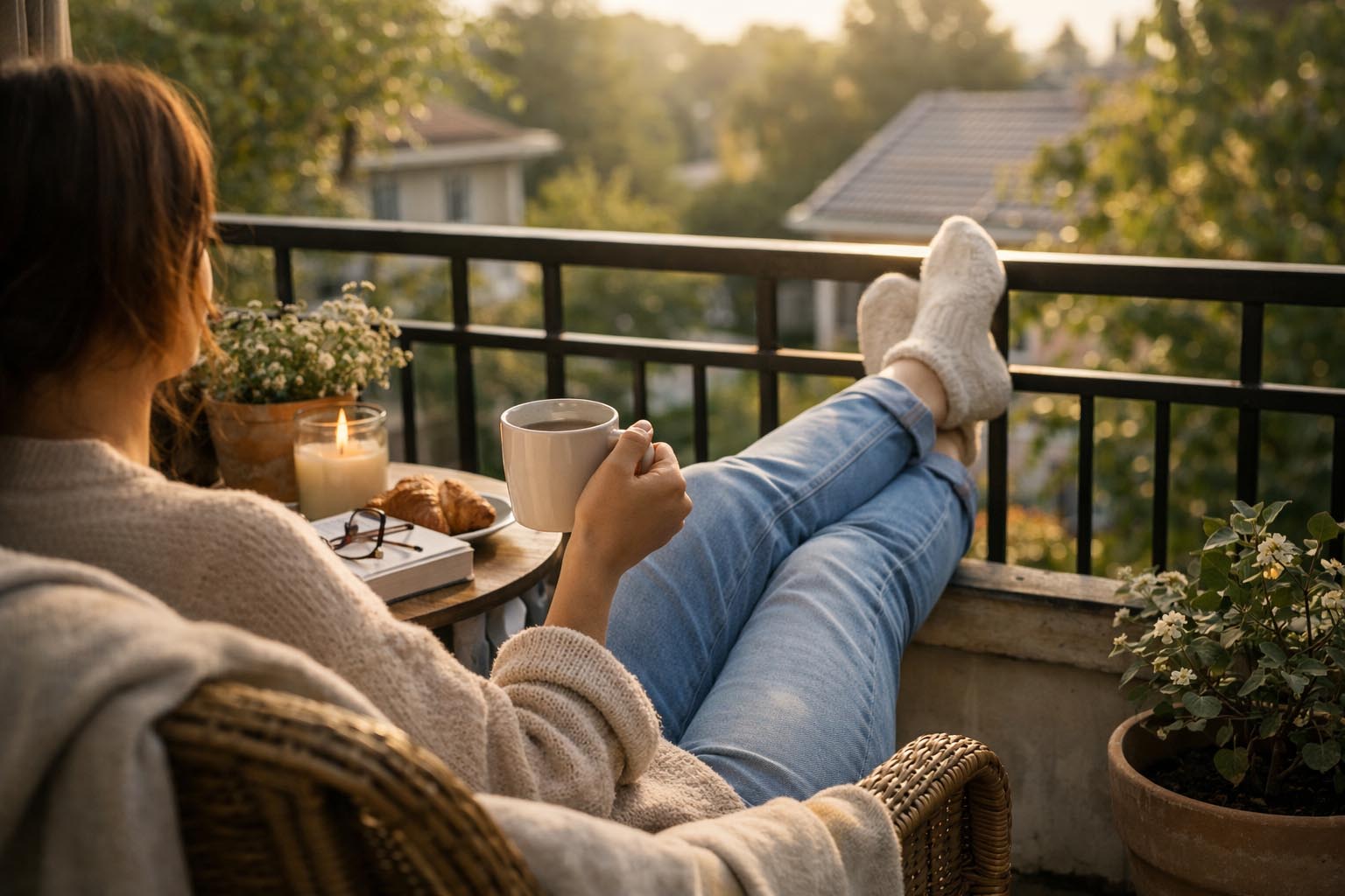 Person enjoying morning coffee on a quiet balcony
