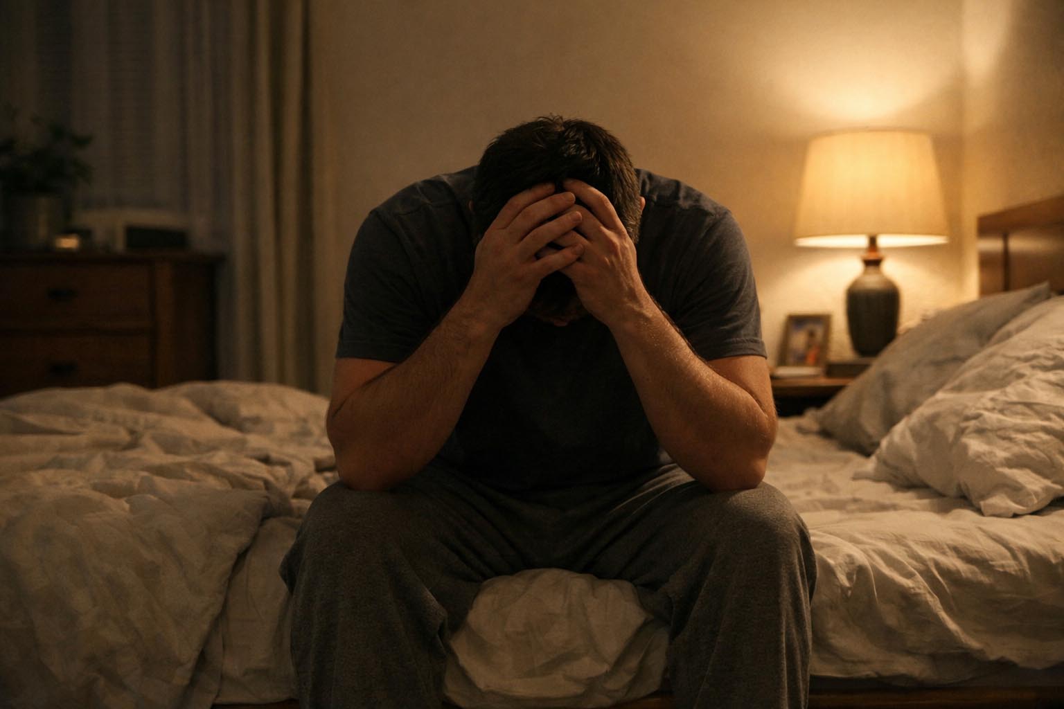 Person sitting alone on a bed with head down
