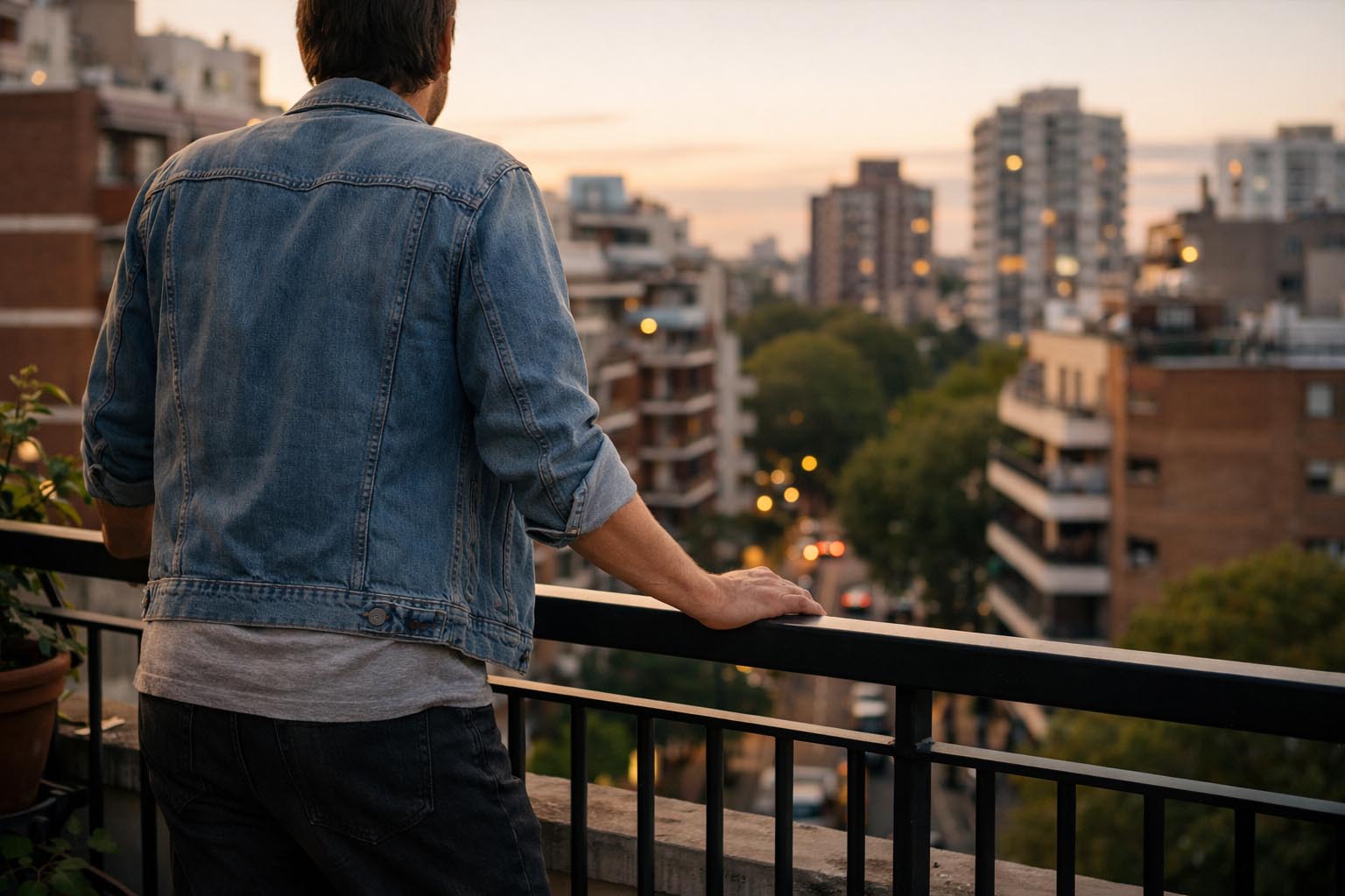 Person standing calmly on a balcony overlooking the city