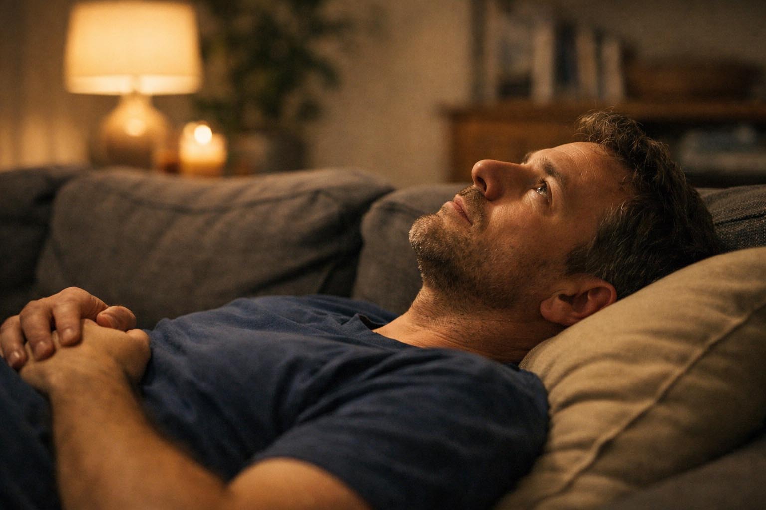 Person lying on a couch while staring at the ceilingPerson lying on a couch while staring at the ceiling