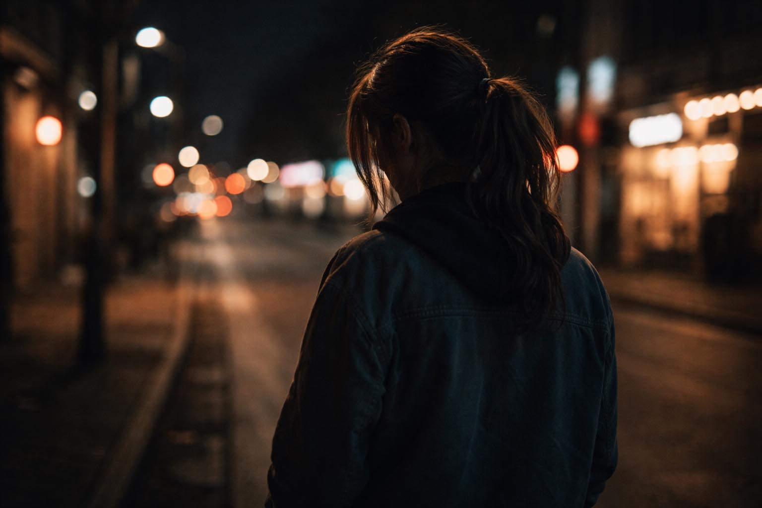 Person standing alone at night looking away