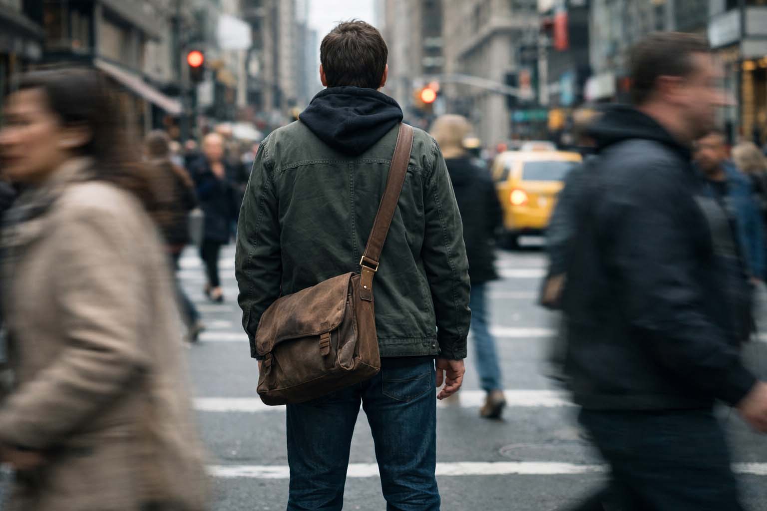 Person standing still while people move around