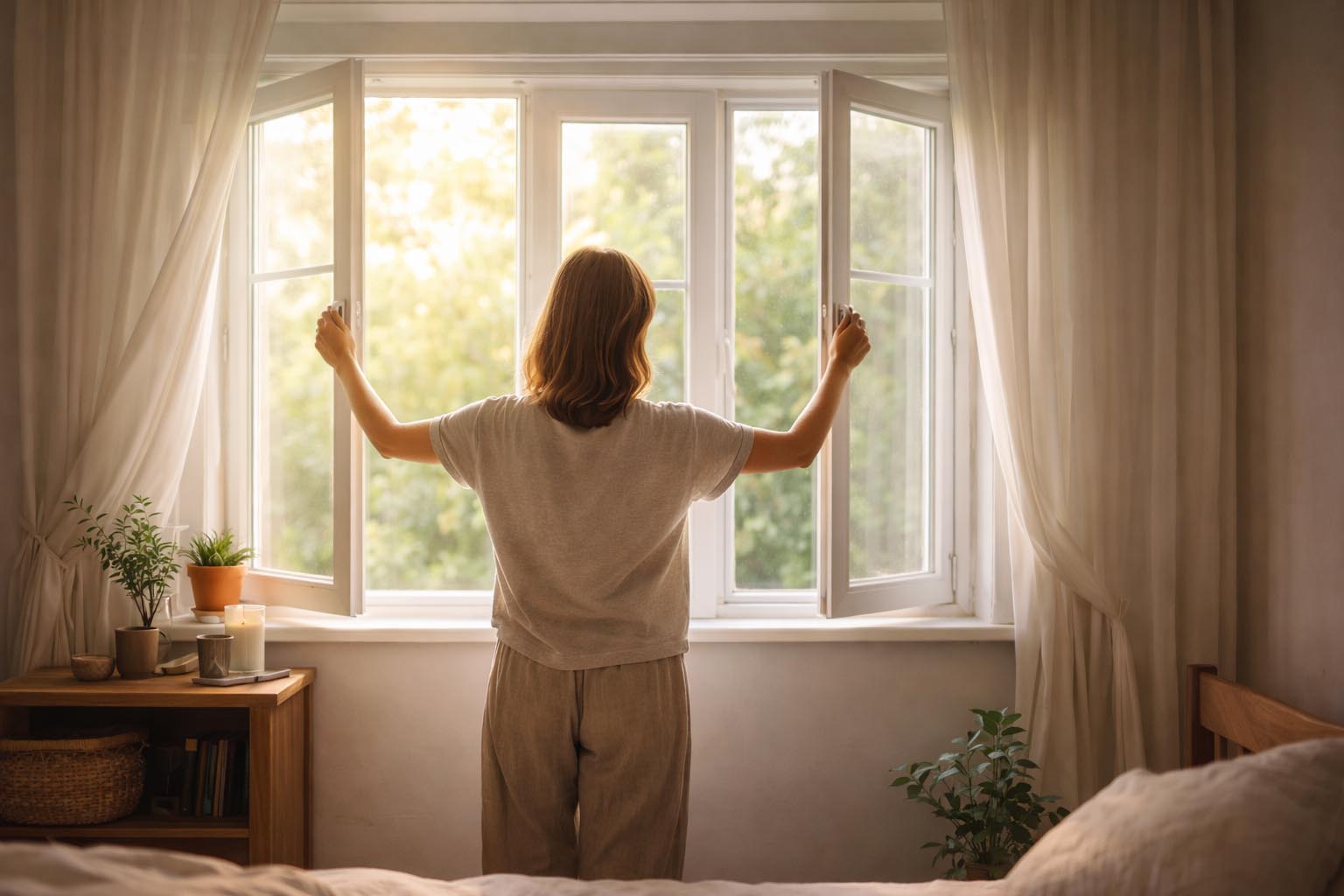 Person opening a window and letting daylight in