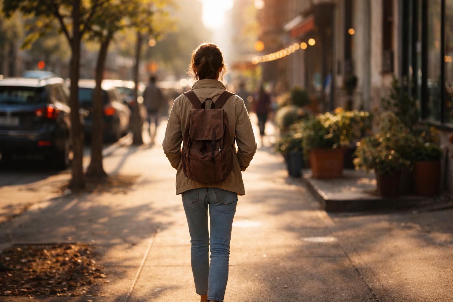 Person walking confidently down a sunlit street