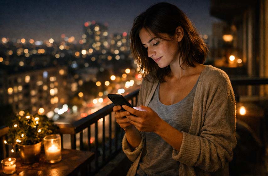 Mlada žena stoji na balkonu noću i gleda u telefon dok su gradska svetla u pozadini.