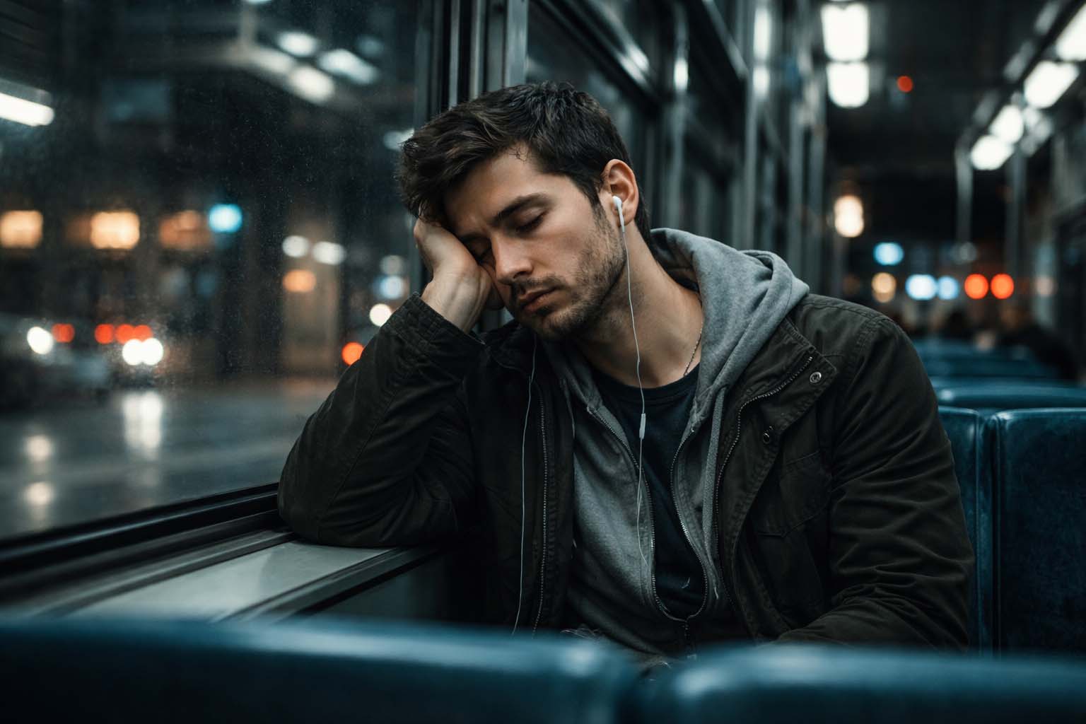 Muškarac sedi sam u noćnom tramvaju pod veštačkim svetlom i oslanja glavu na ruku, vidno umoran.