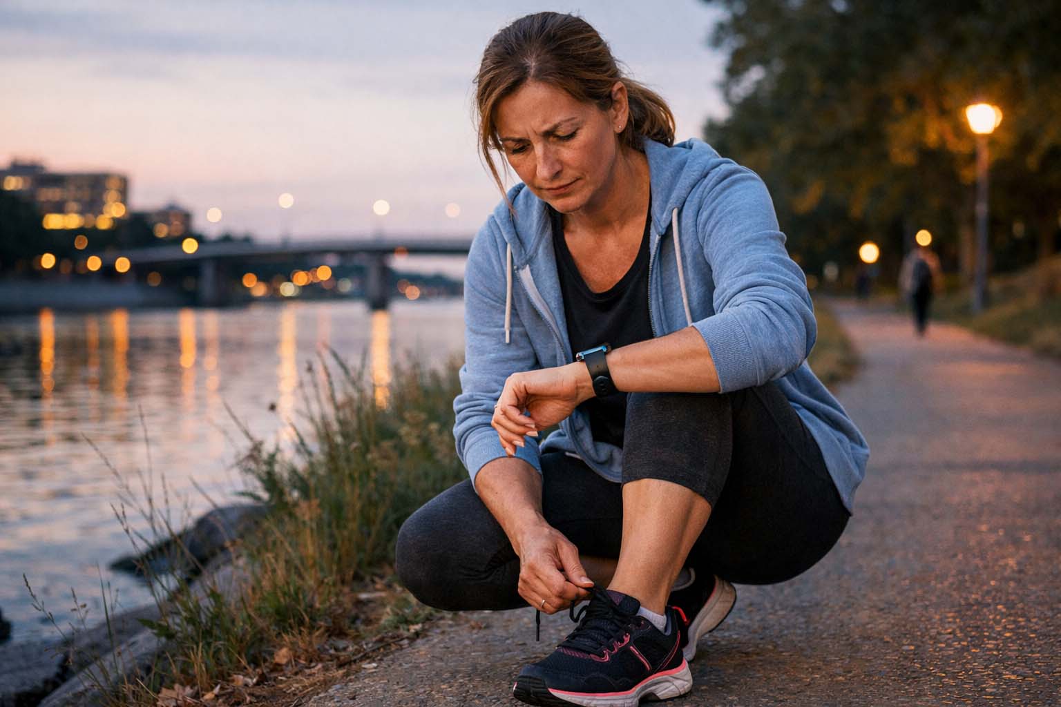 Žena srednjih godina stoji na obali reke u sumrak i proverava puls na pametnom satu, zamišljena.