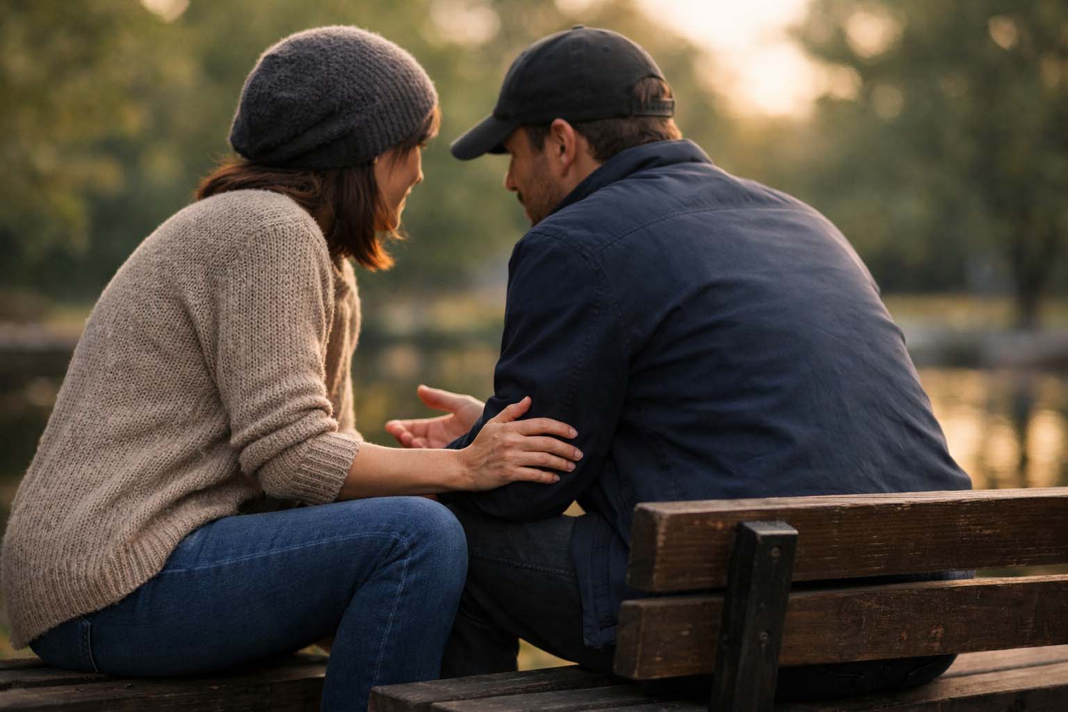 Two people sitting quietly on a bench having a private conversation
