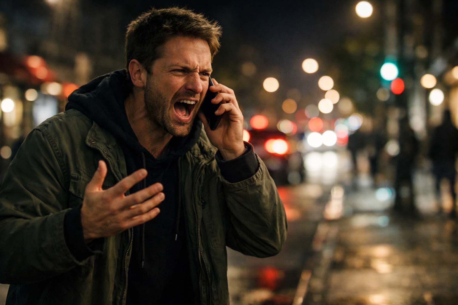 Osoba stoji na gradskoj ulici uveče i razgovara telefonom vidno uznemirena.