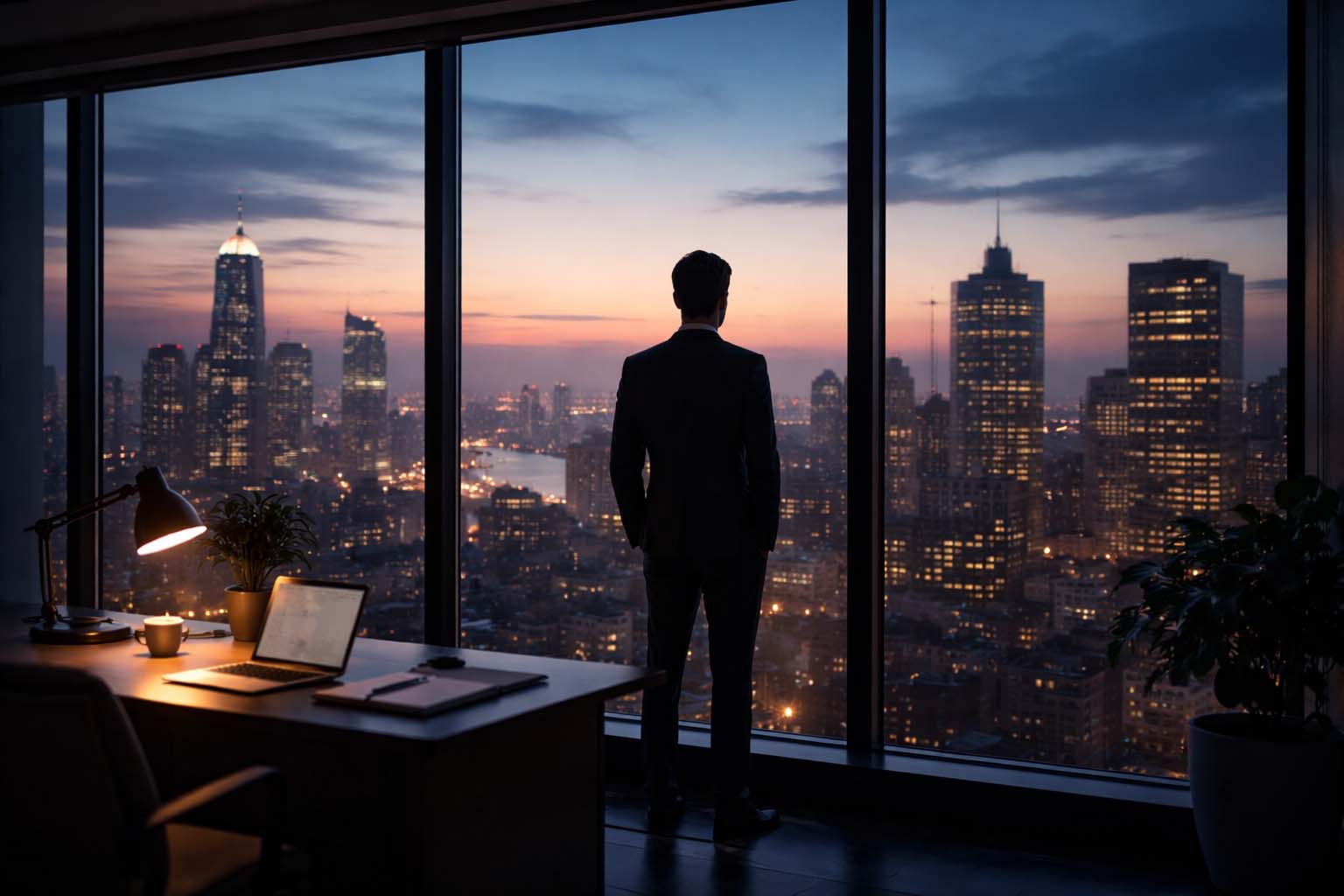 Silueta osobe stoji pored prozora kancelarije u sumrak i posmatra grad.