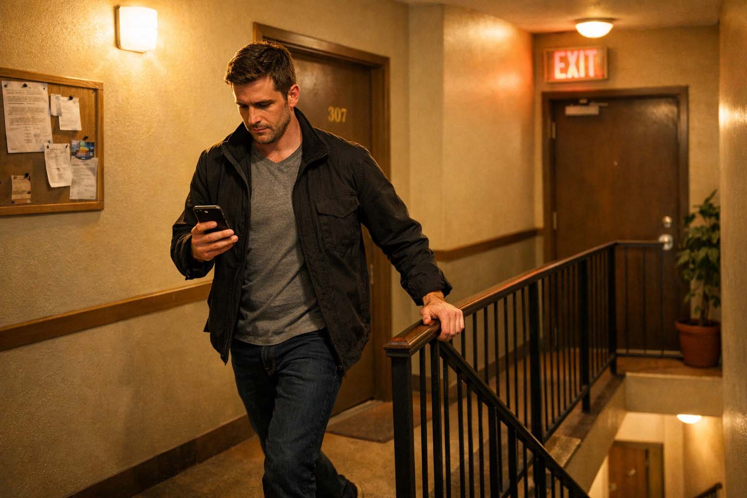 Osoba stoji na stepeništu zgrade i drži telefon u ruci dok odlučno kreće da silazi.