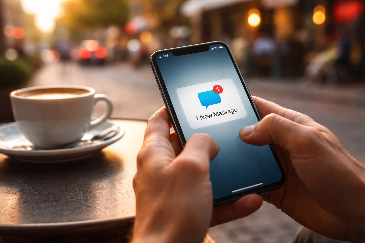 Ruke osobe drže mobilni telefon na stolu u kafiću dok nova poruka upravo stiže na ekran.