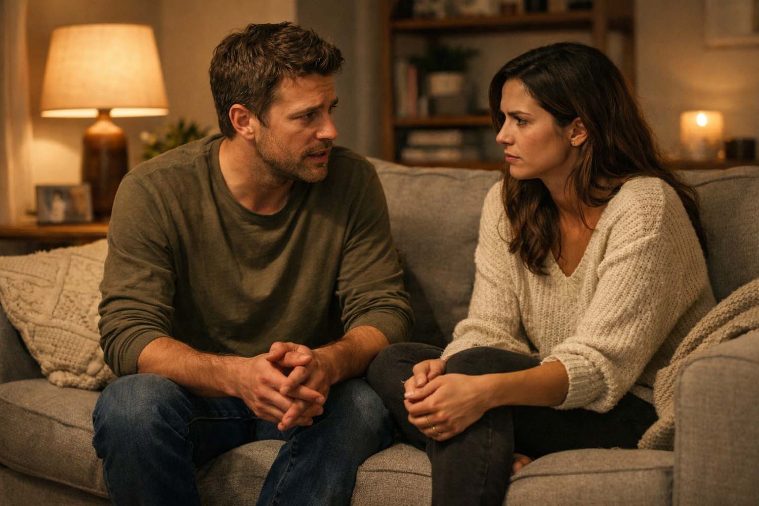 Par sedi na kauču u dnevnoj sobi i vodi ozbiljan razgovor.