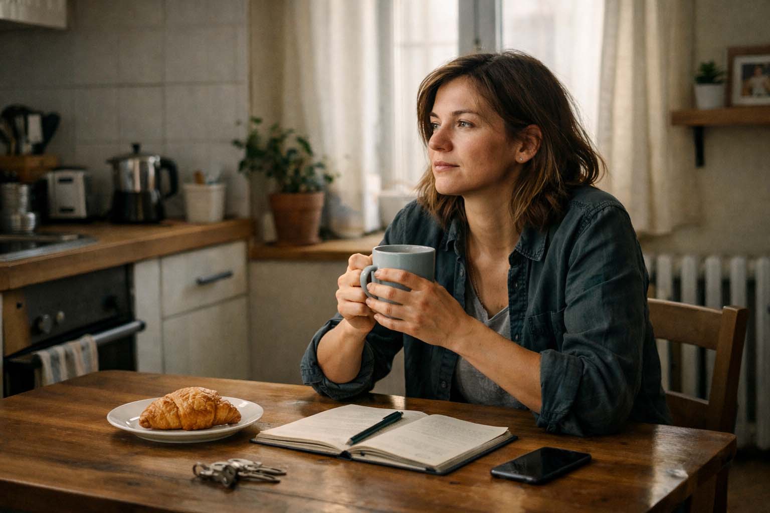 Osoba sedi sama za kuhinjskim stolom ujutru i zamišljeno gleda u šolju kafe.