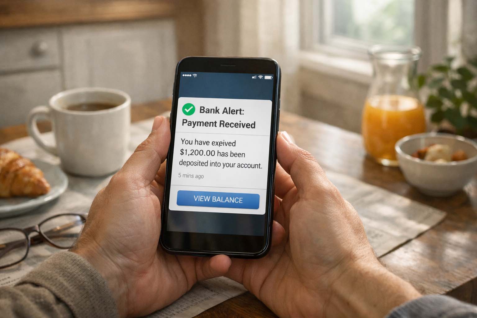 Ruke osobe drže telefon dok proverava obaveštenje o uplati na bankovni račun.