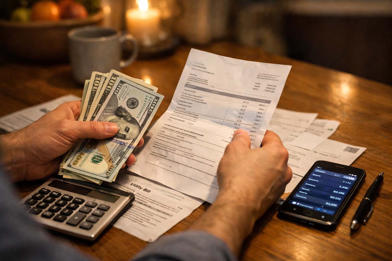 Ruke osobe drže novčanice i račune na kuhinjskom stolu dok telefon leži pored.