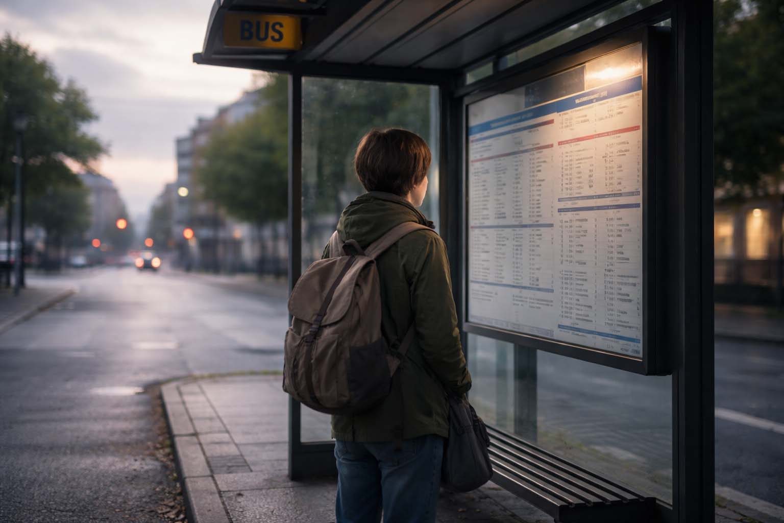 Osoba stoji na praznoj autobuskoj stanici u ranim jutarnjim satima i gleda u tablu sa redom vožnje.