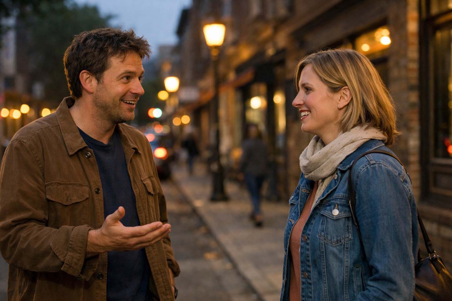 Dve osobe stoje na ulici u večernjim satima i razgovaraju nakon neočekivanog susreta.