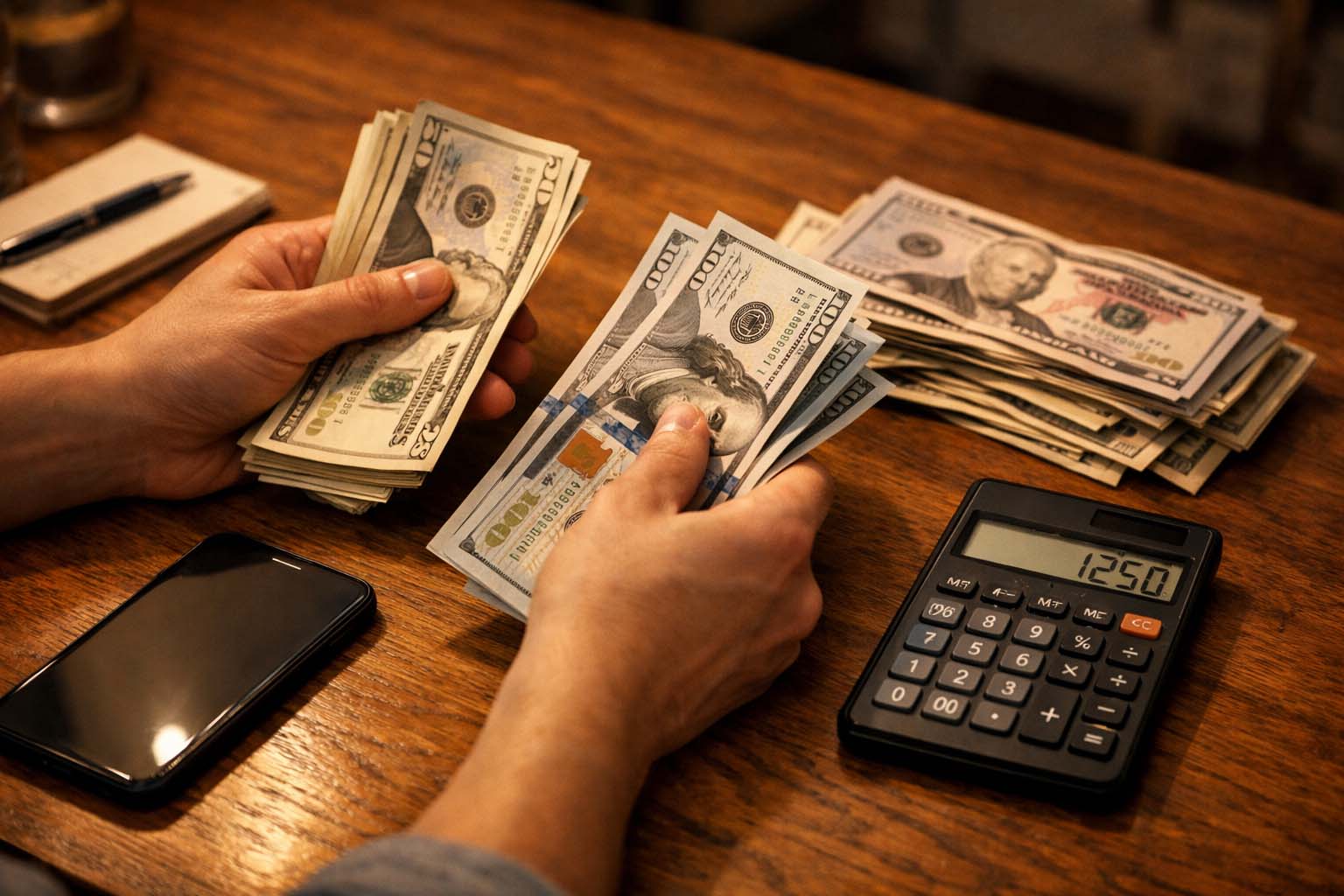 Ruke osobe broje novac i račune na drvenom stolu dok telefon leži pored.