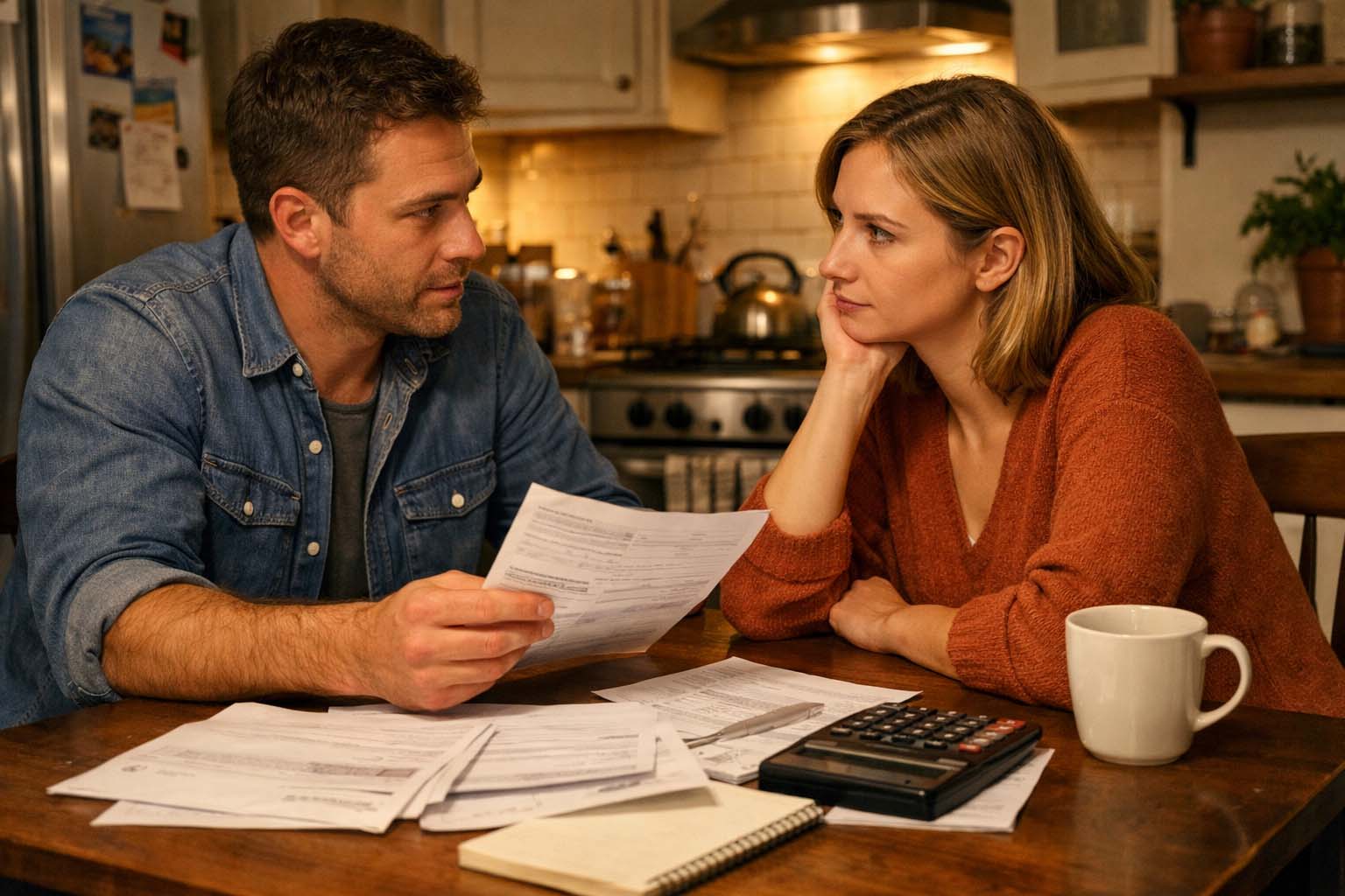 Par sedi za kuhinjskim stolom uveče i razgovara dok su računi i papiri razbacani ispred njih.