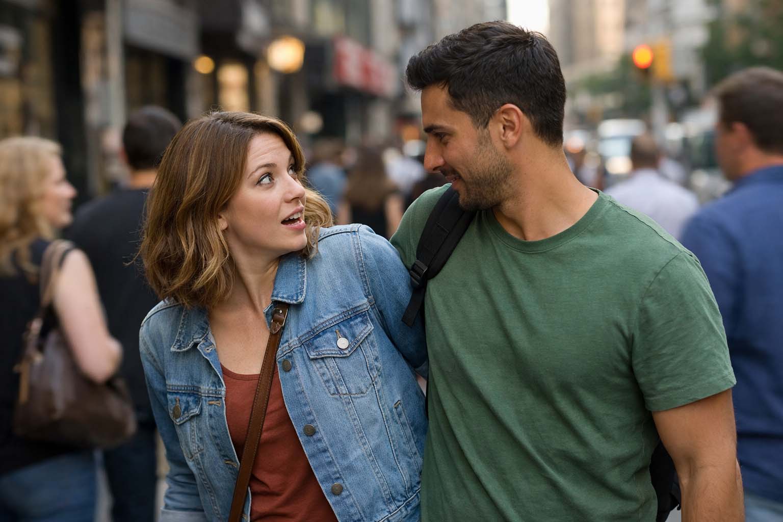 Dve osobe se slučajno sudaraju ramenima na prometnom gradskom trotoaru tokom popodneva.