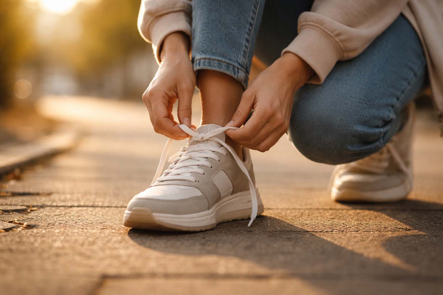 Ruke osobe vezuju pertle na patikama pre nego što krene u jutarnju šetnju.