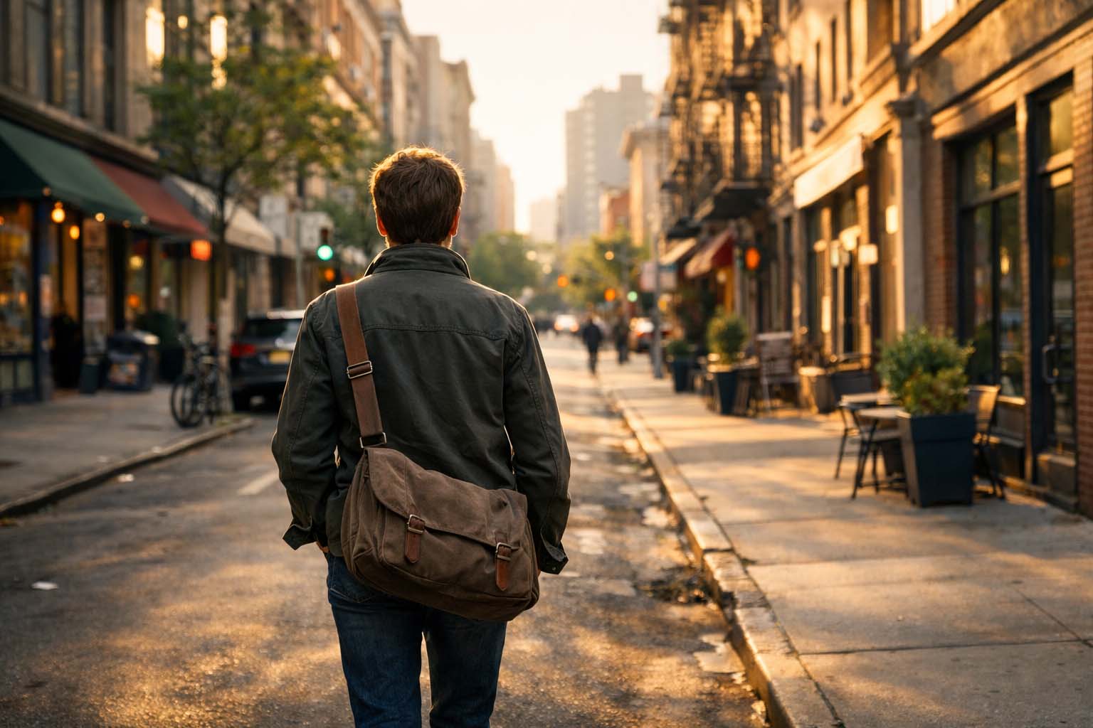 Osoba hoda istom ulicom kojom je već prolazila ranije, sada odlučnim korakom u popodnevnom svetlu.