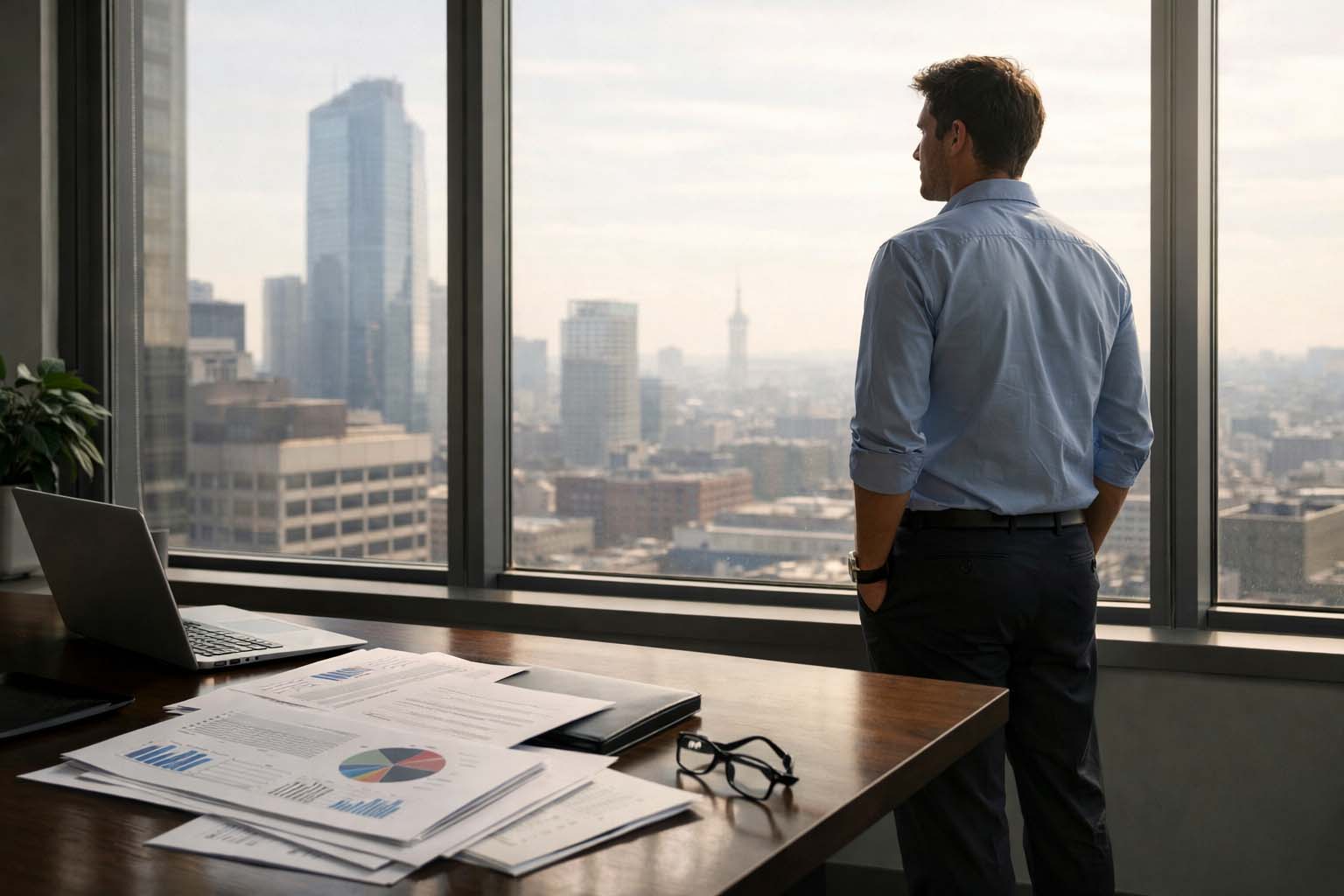 Osoba stoji pored kancelarijskog prozora i zamišljeno gleda u grad tokom radnog dana.