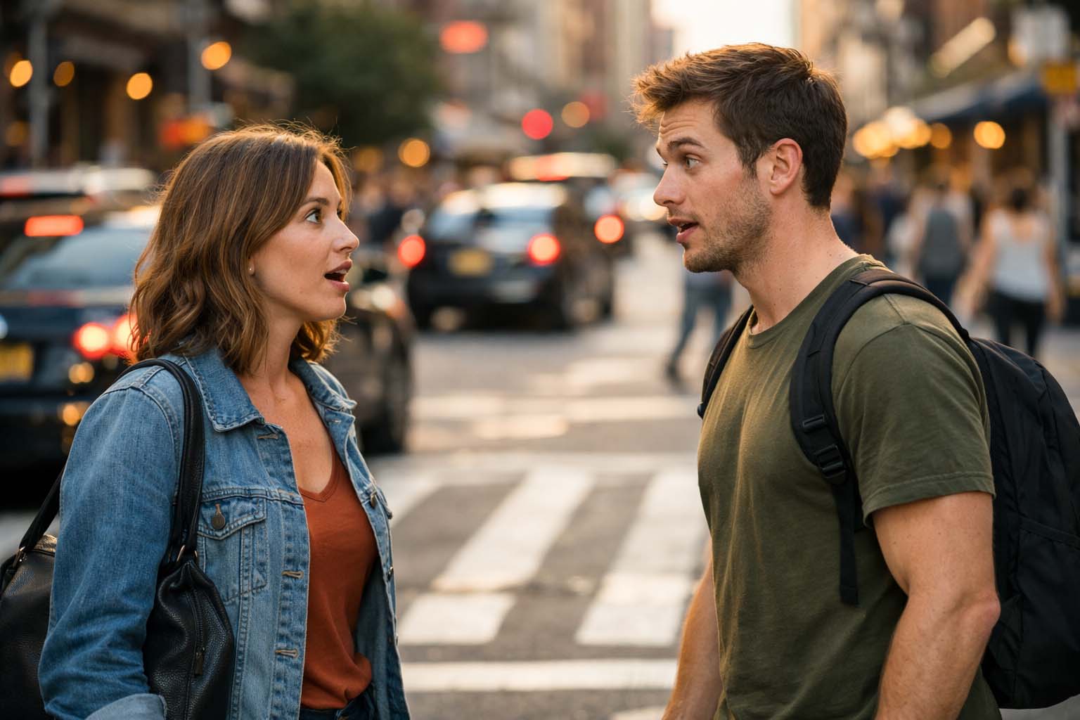 Dve osobe se sreću na pešačkom prelazu u gradu i zastaju iznenađeno.