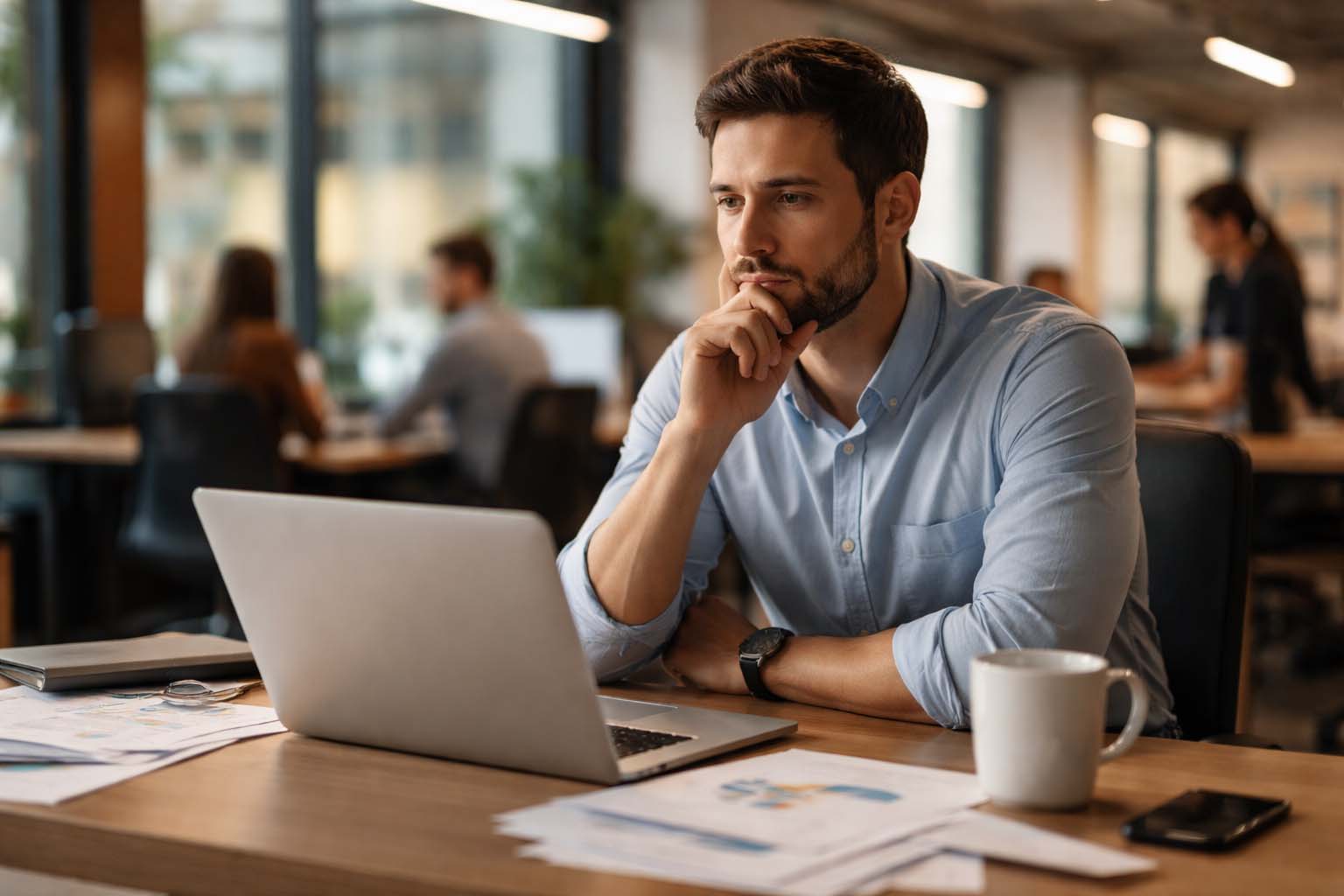 Muškarac sedi za radnim stolom u kancelariji i zamišljeno gleda u laptop dok kolege rade u pozadini.