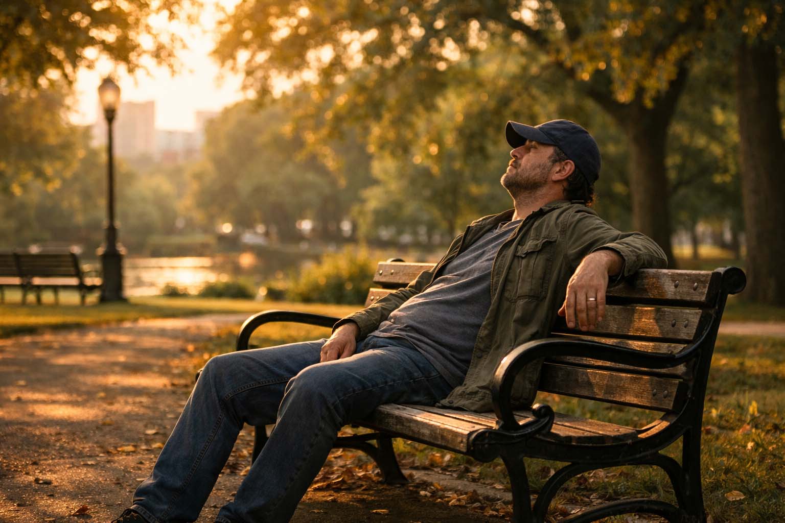 Osoba sedi sama na klupi u parku u kasno popodne i naslanja se unazad, vidno umorna.