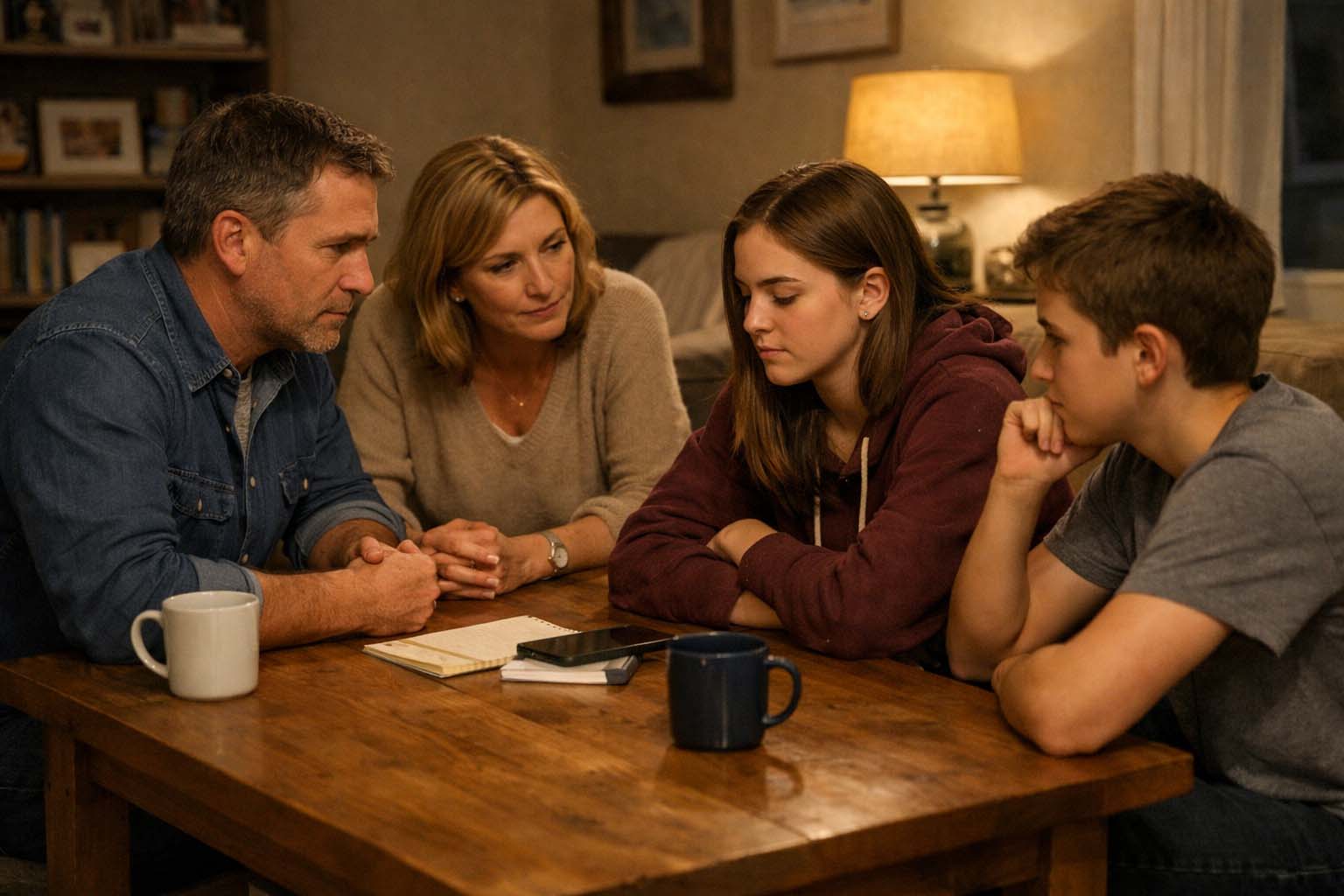 Porodica sedi za stolom u dnevnoj sobi i vodi ozbiljan razgovor.