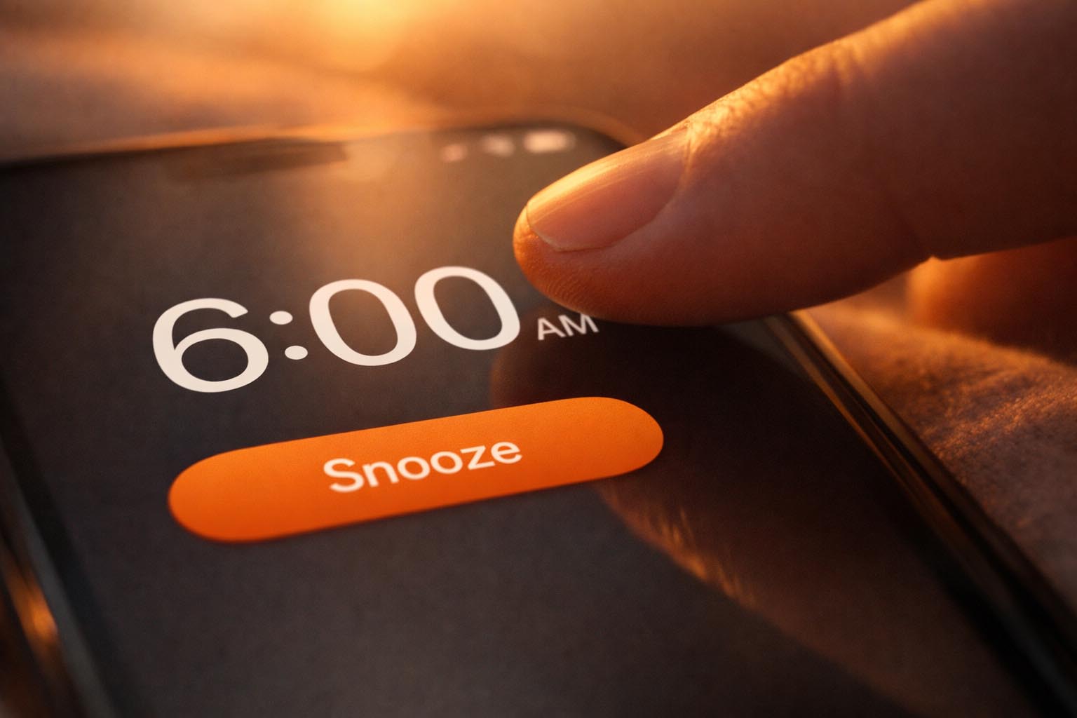 Ruka lebdi iznad dugmeta za odlaganje alarma na telefonu u rano jutro.