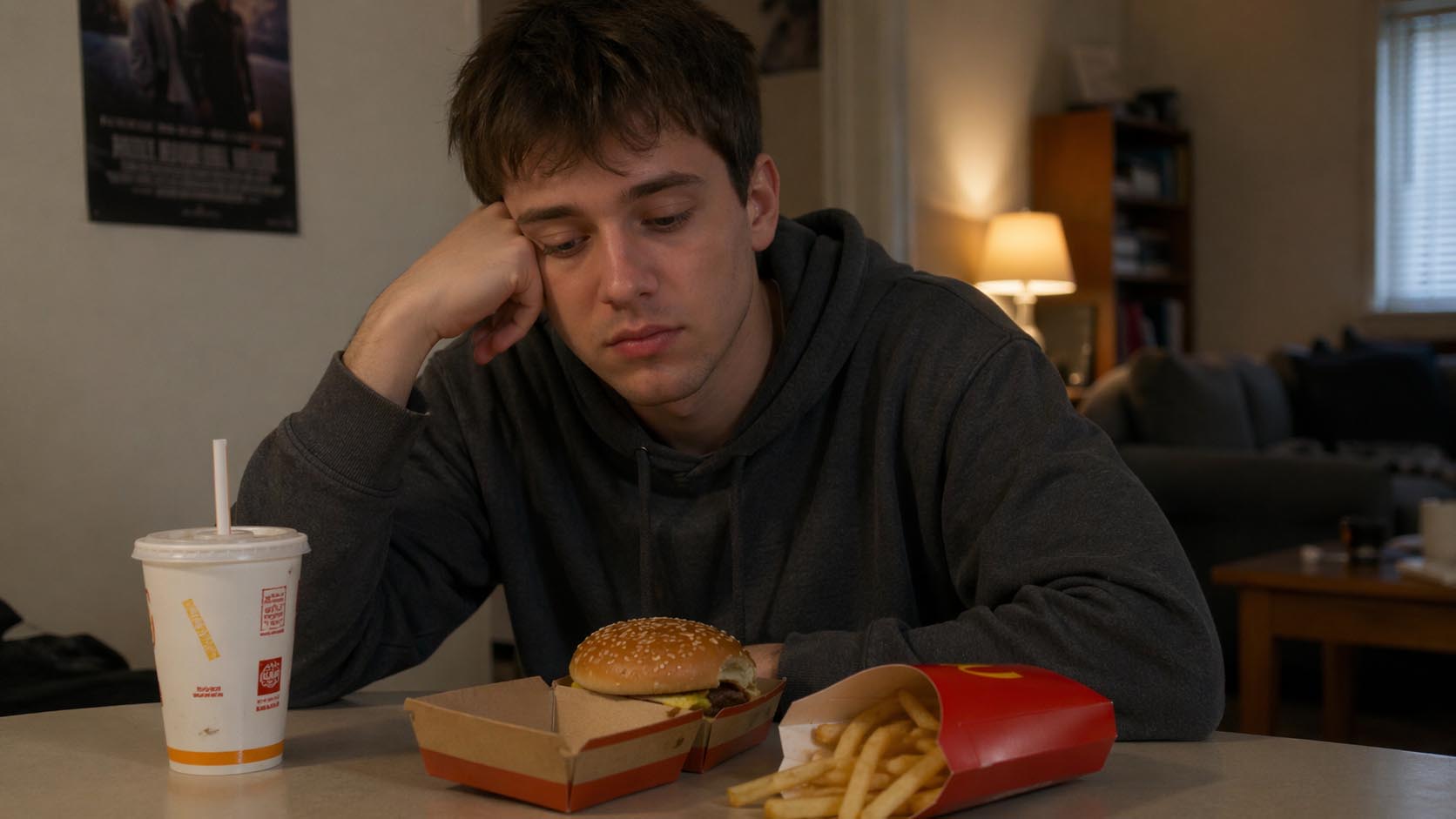 Mladić umorno jede brzu hranu dok sedi za stolom.