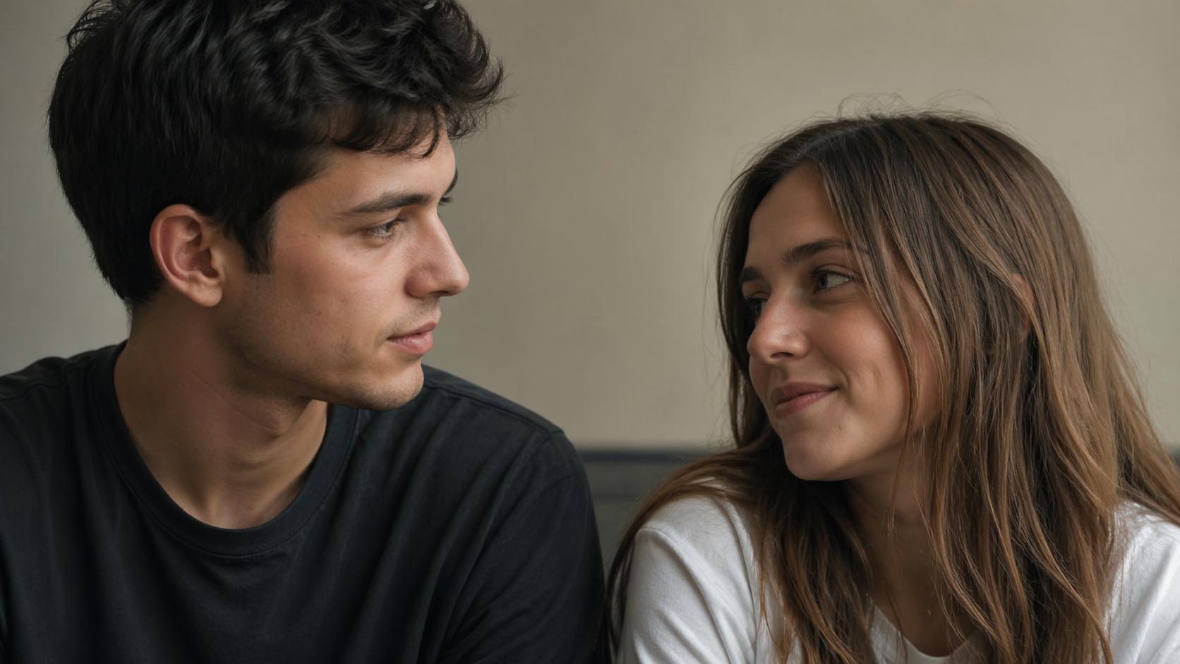 Dvoje mladih razmenjuju pogled pun značenja u mirnoj atmosferi.