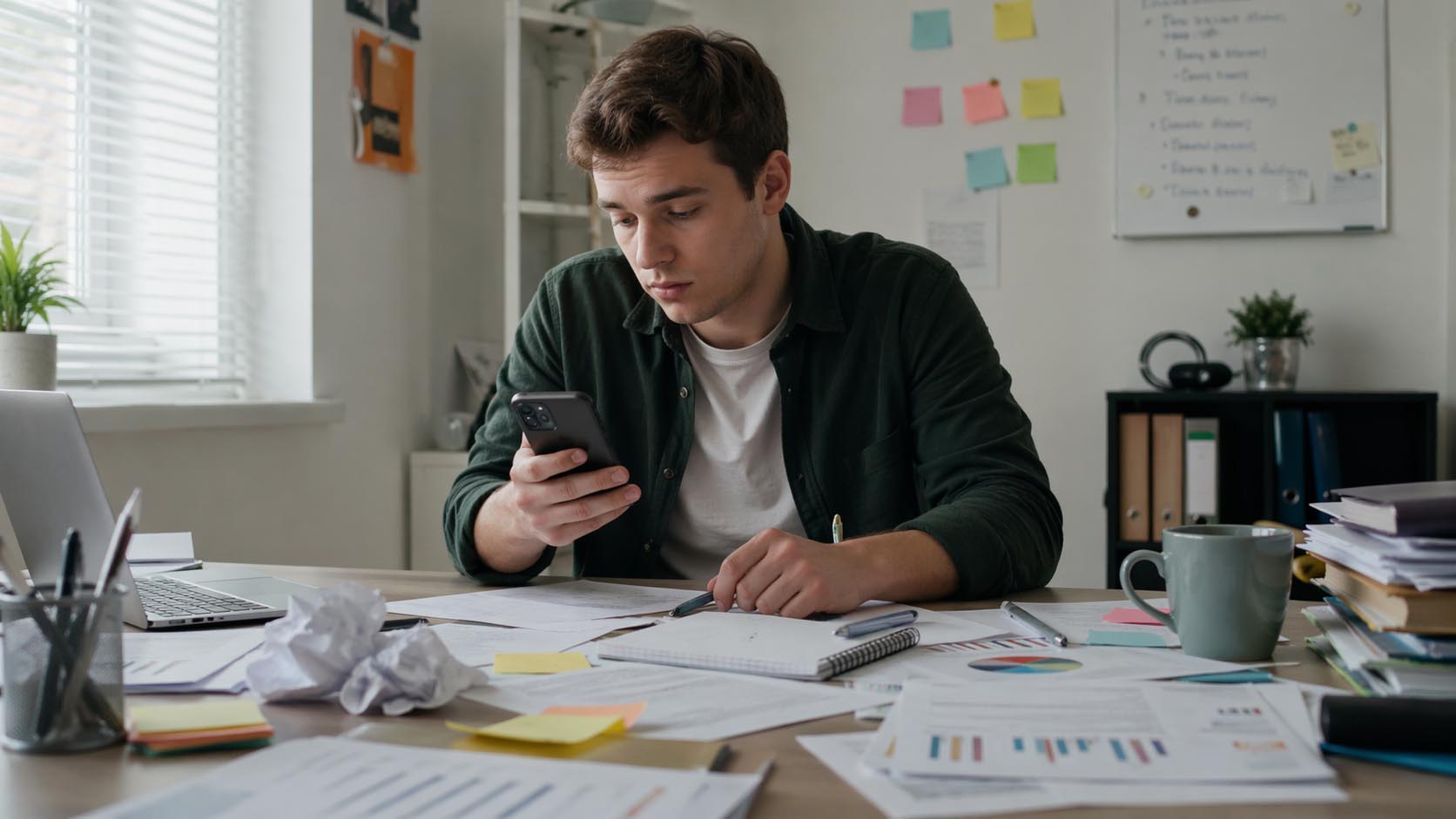 Mladić gleda u telefon dok oko njega stoje nezavršene obaveze.