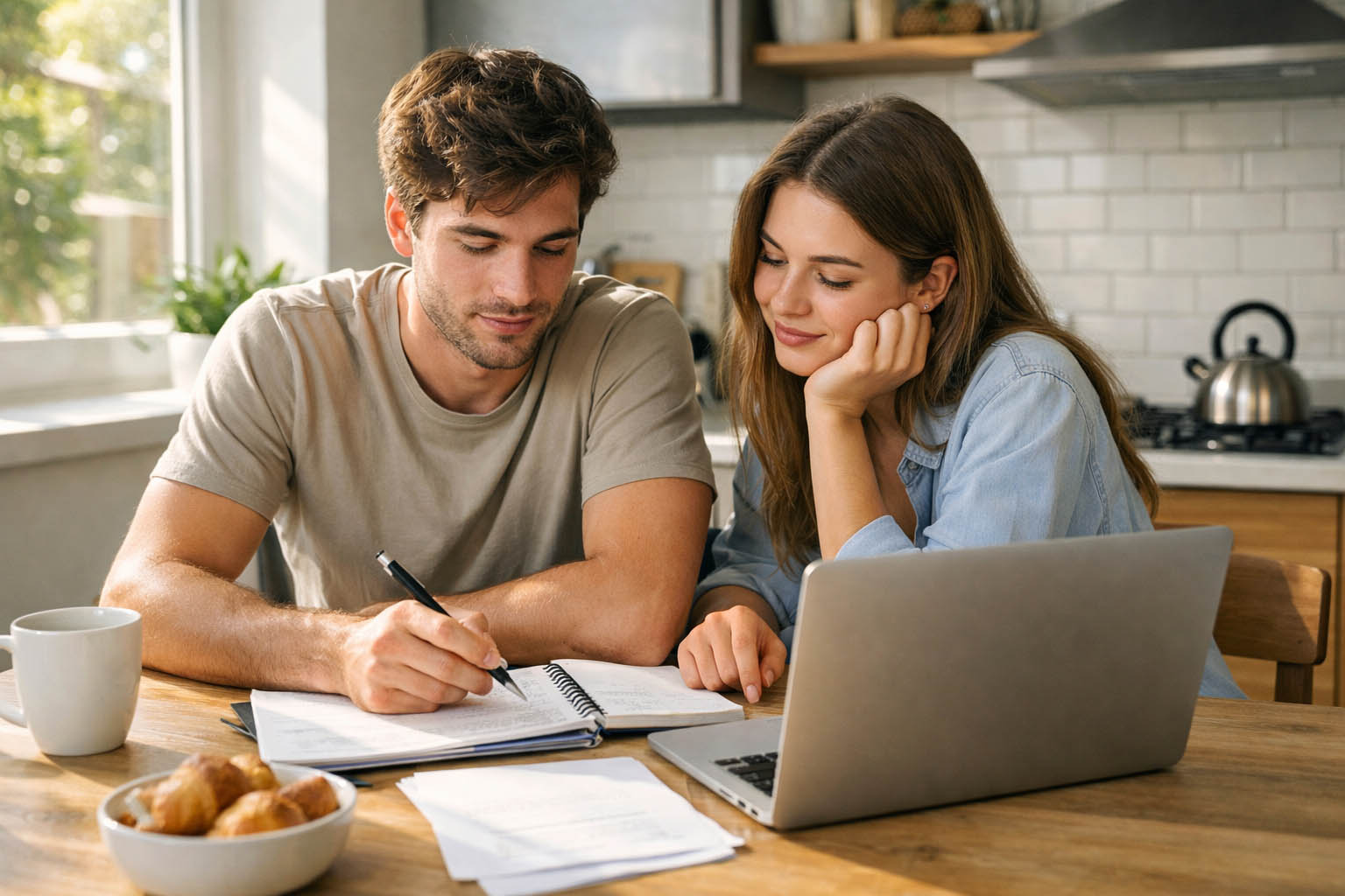 Mladi muškarac i žena planiraju dan uz laptop i beleške u modernom stanu.