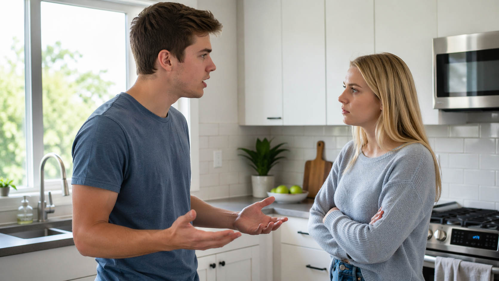 Mladić i devojka raspravljaju dok stoje u modernoj kuhinji tokom dana.