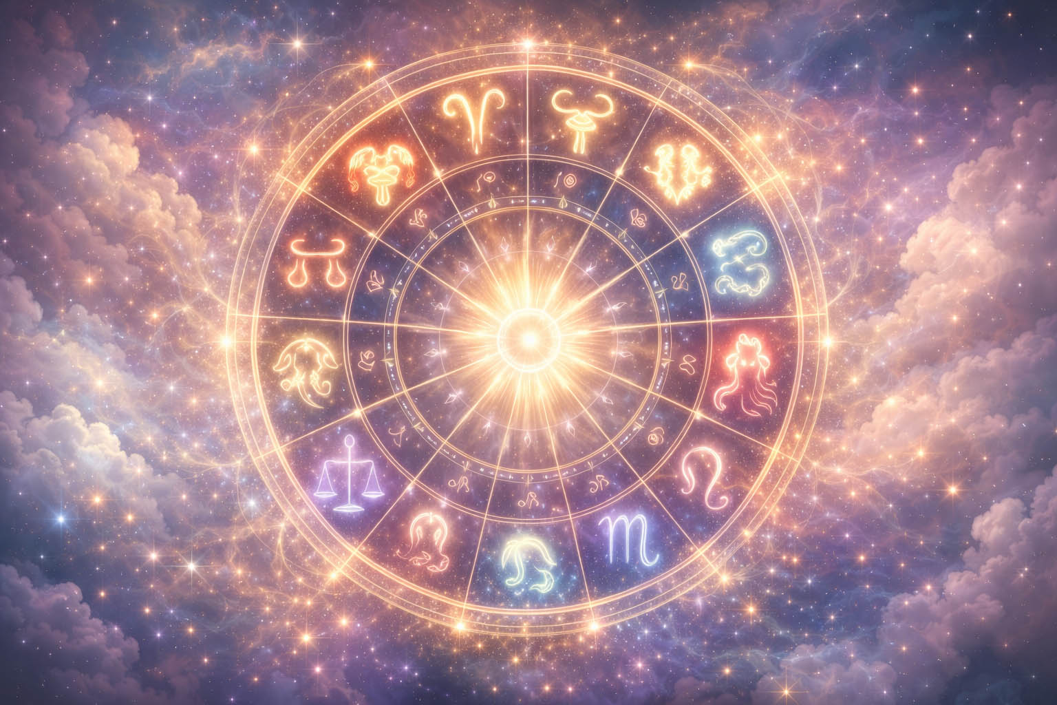 Zodijački krug sa simbolima znakova u svetlom okruženju.