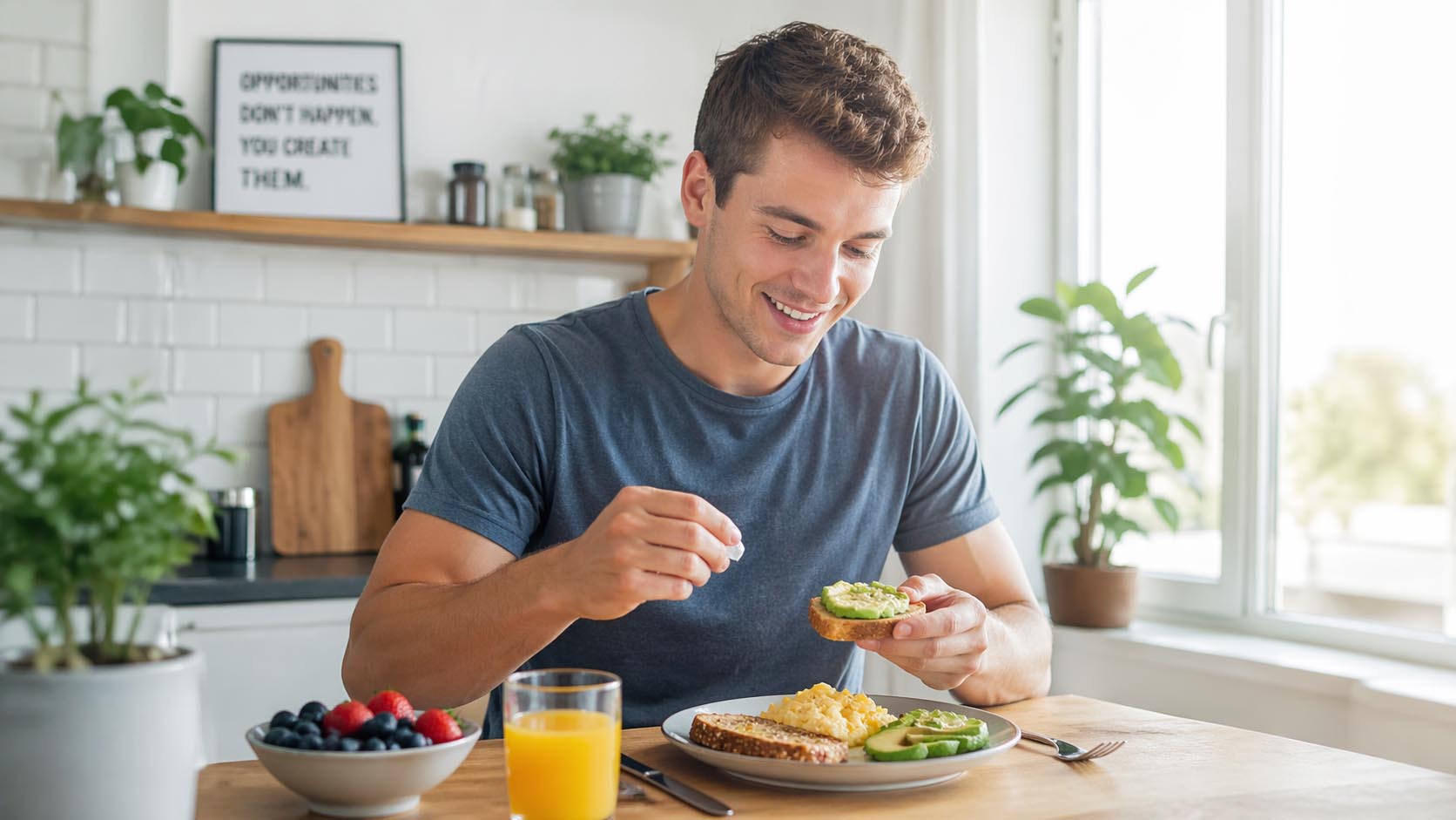 Mladić jede zdrav doručak i deluje energično i fokusirano.