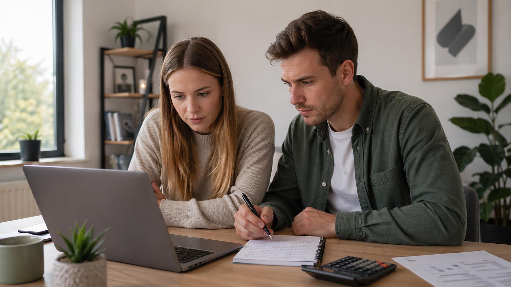 Mladi par planira budžet uz laptop i beleške, fokusirani na troškove.
