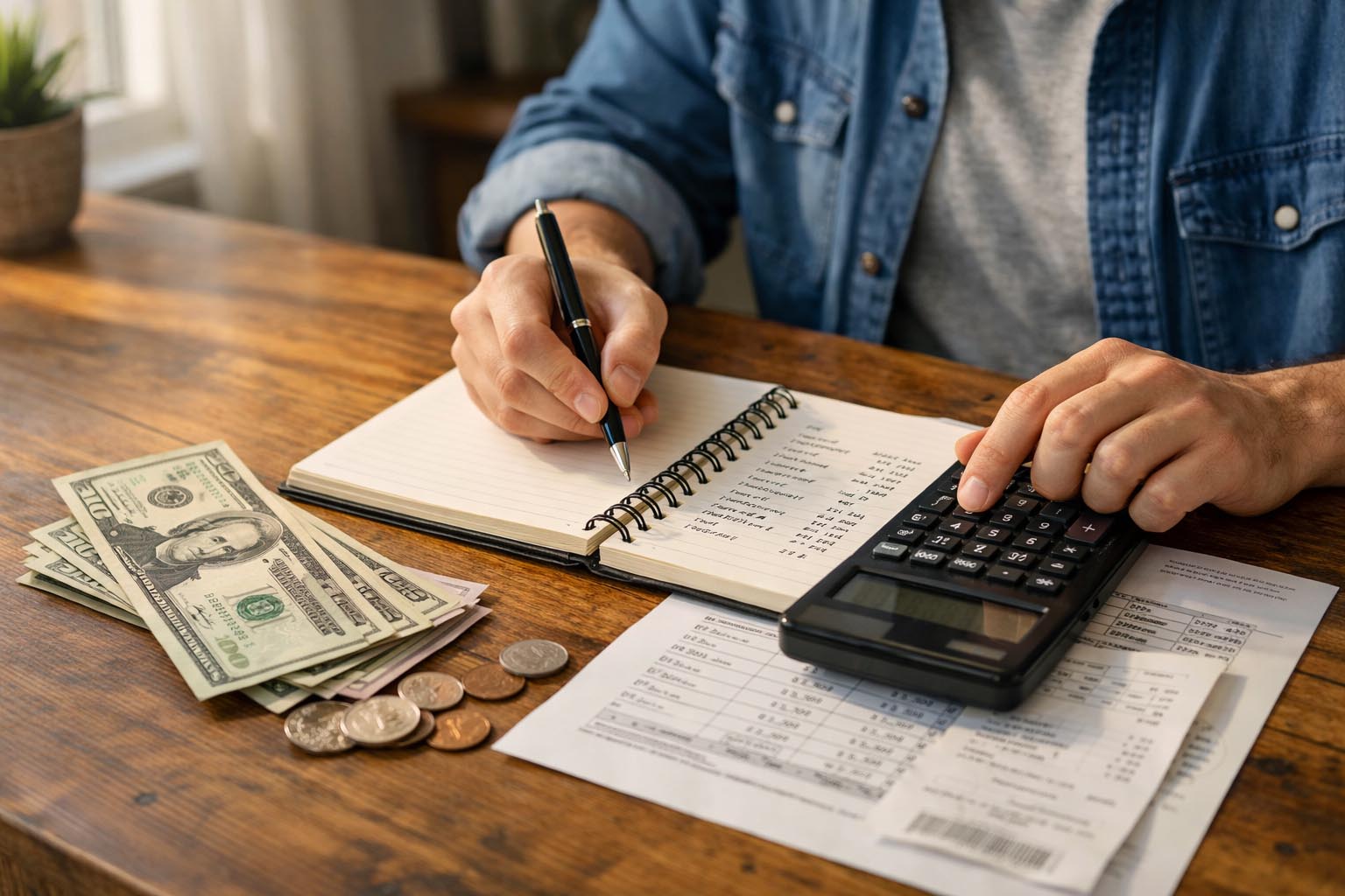 Osoba pravi plan troškova uz beleške i novac na stolu.