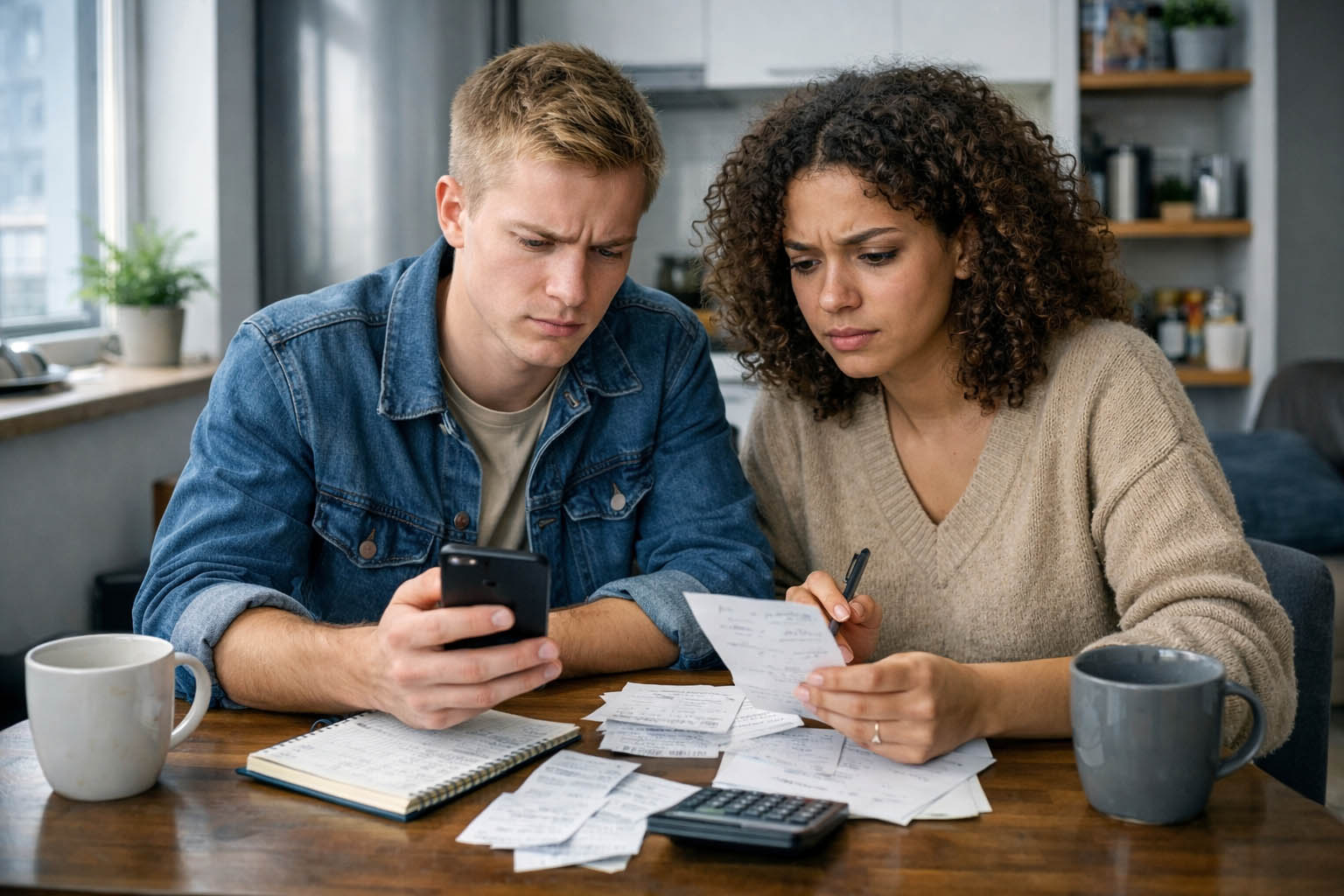 Mladi muškarac i žena gledaju troškove na telefonu i papiru sa zabrinutim izrazima.