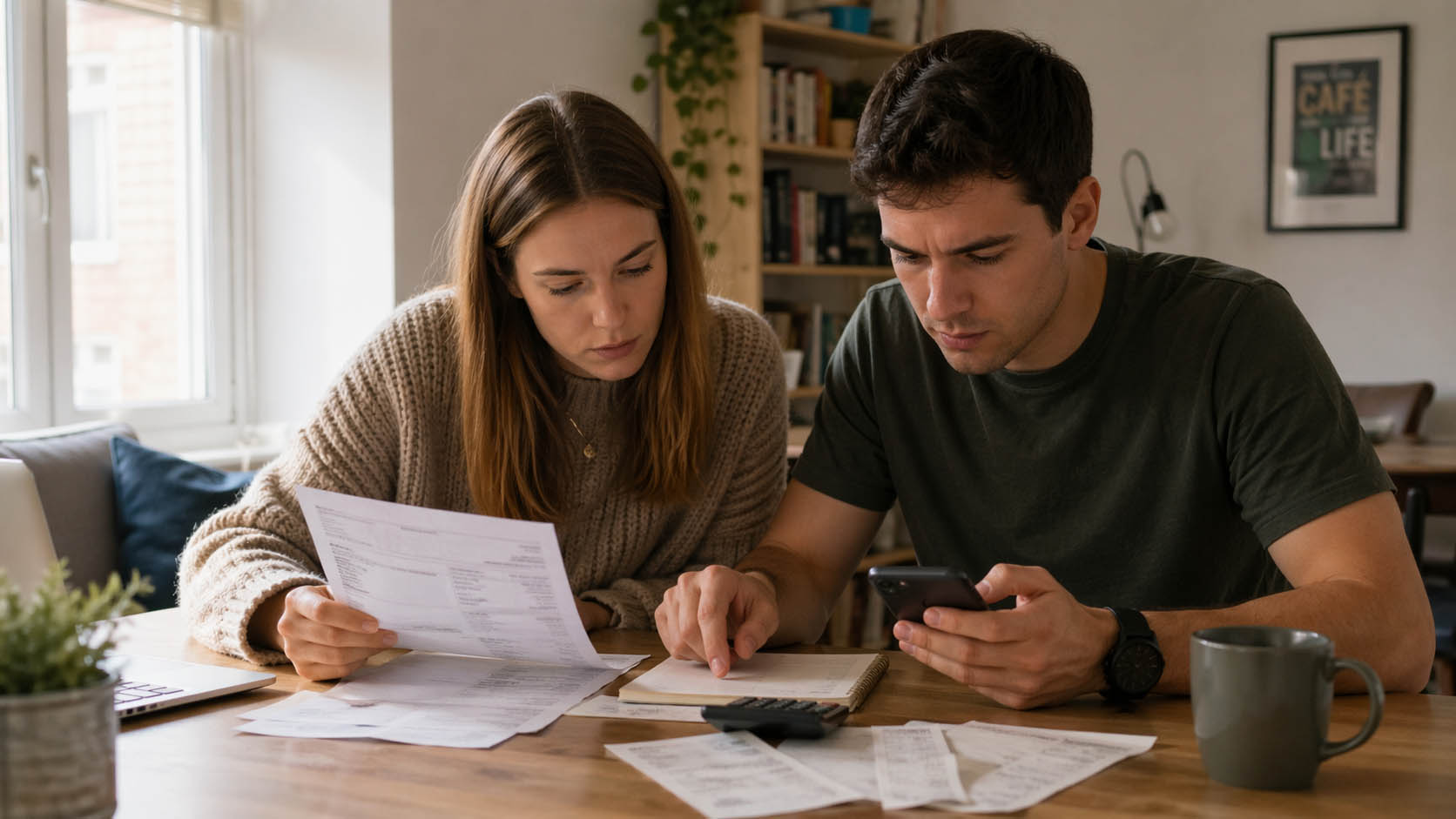 Mladi muškarac i devojka analiziraju račune za stolom uz telefon i beleške.