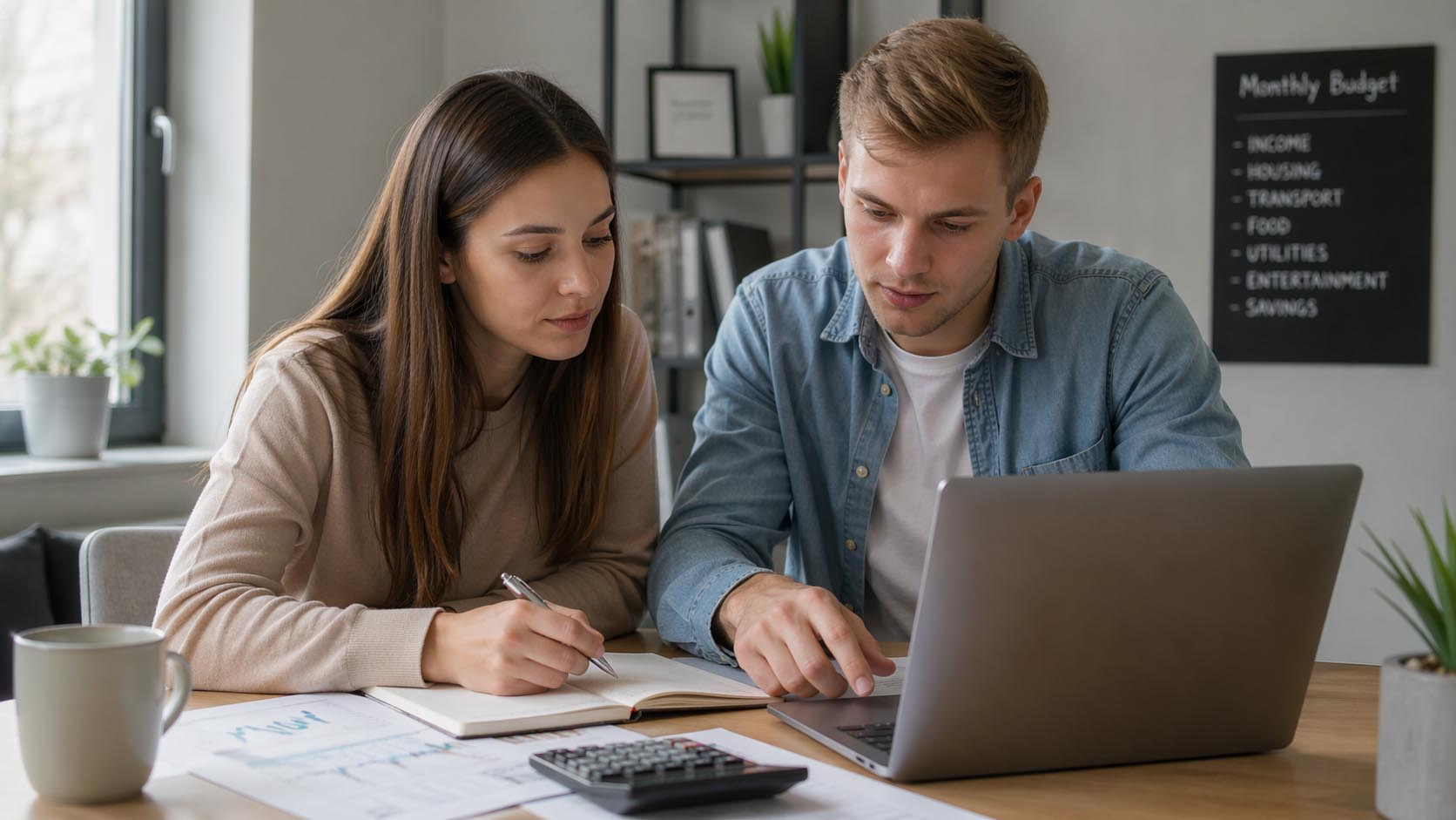 Mladić i devojka organizuju budžet uz beleške i laptop.