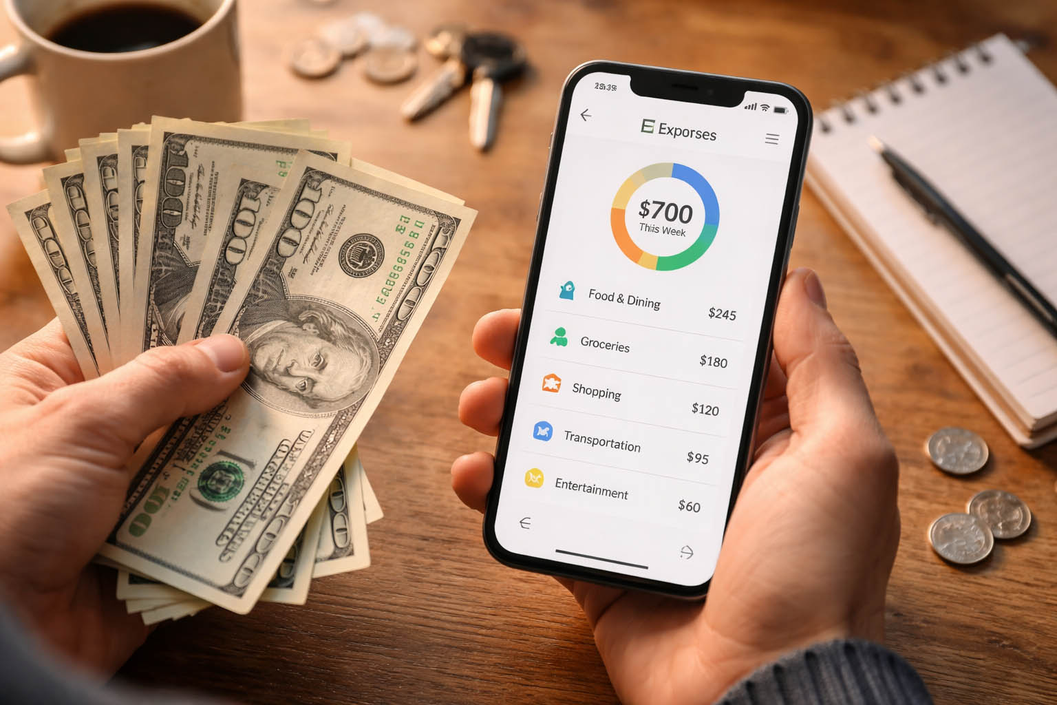 Ruke drže novčanice i telefon sa prikazom troškova.