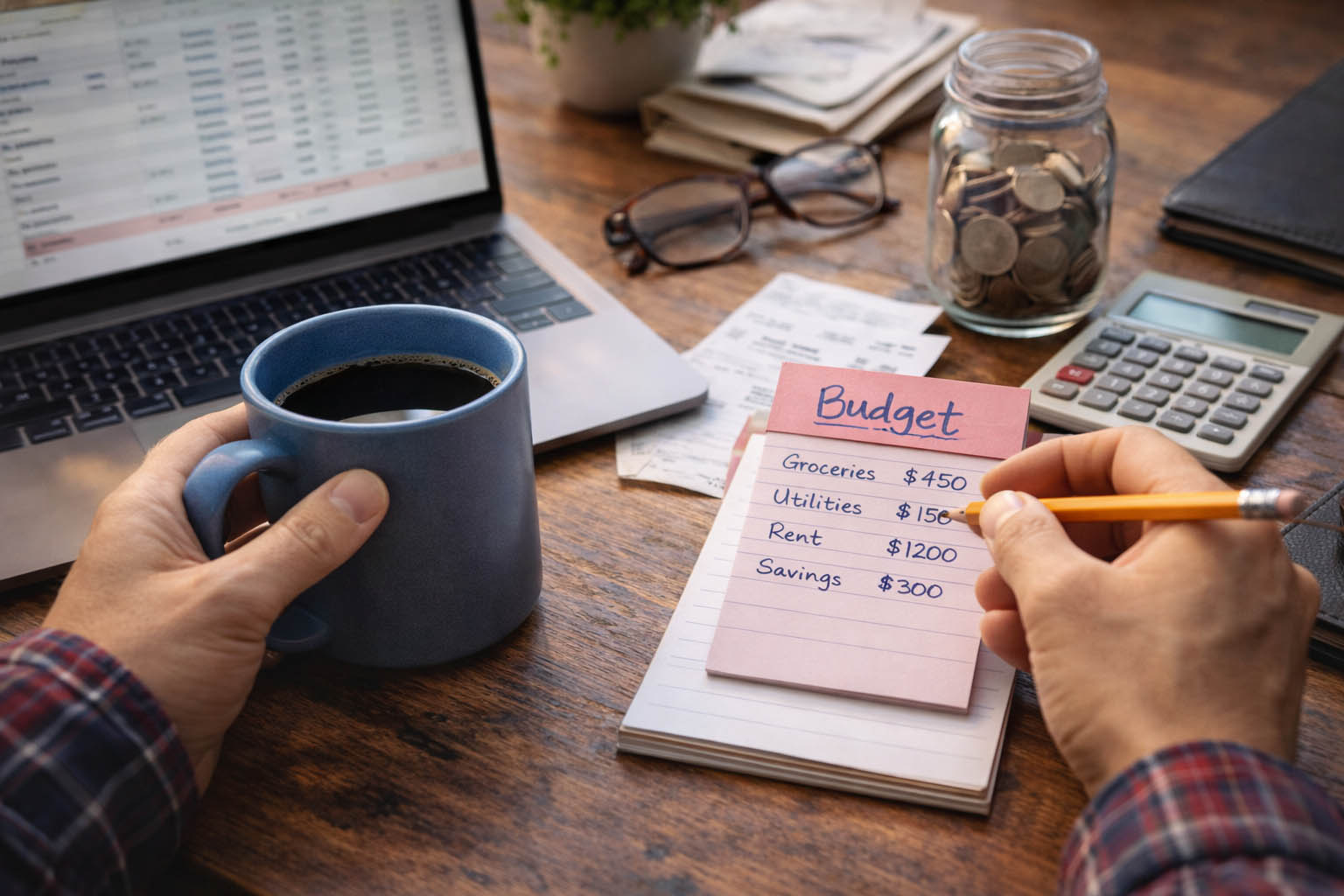 Ruke drže novac i telefon sa prikazom troškova i prihoda.