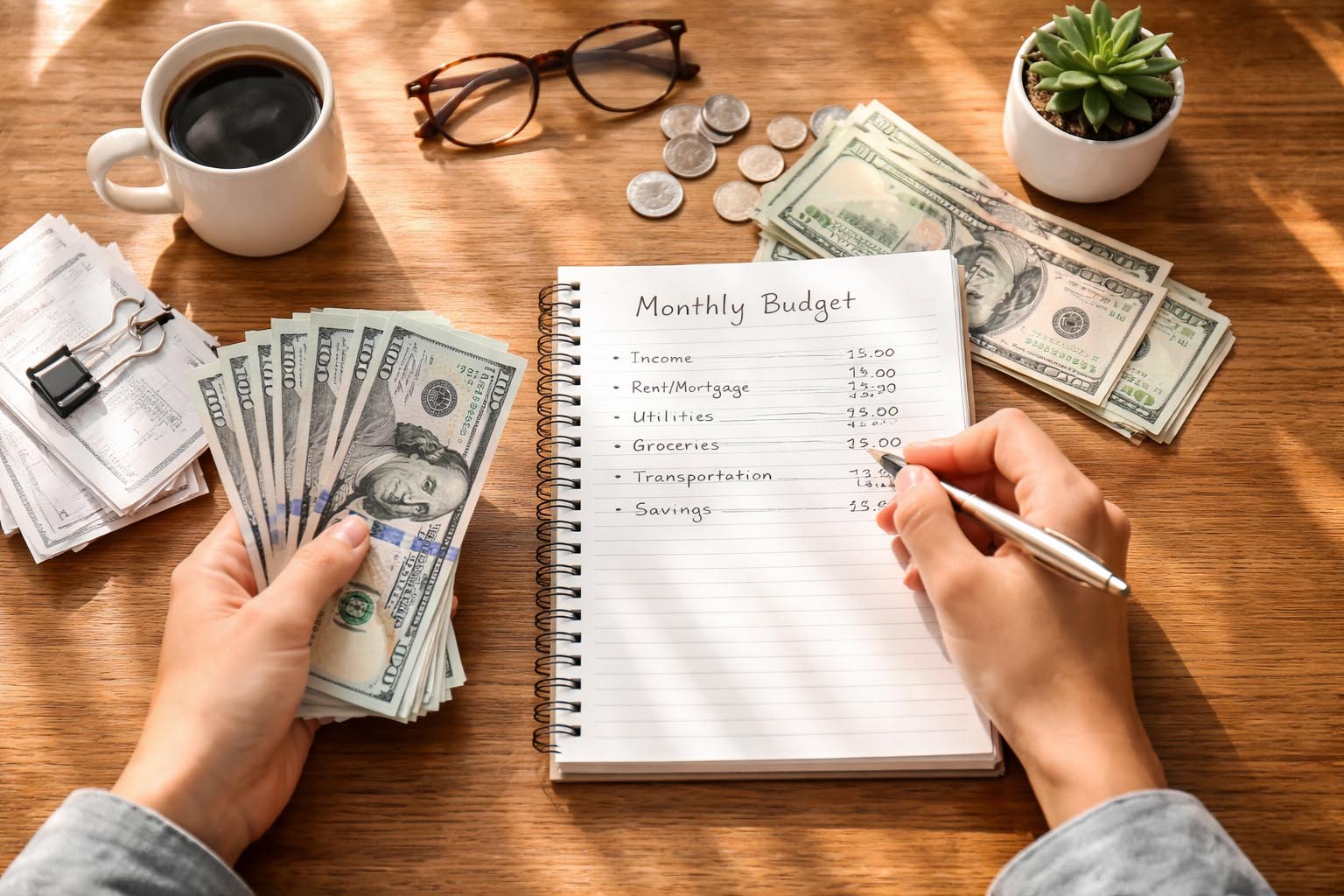 Osoba pravi plan troškova za stolom sa novcem i beleškama.