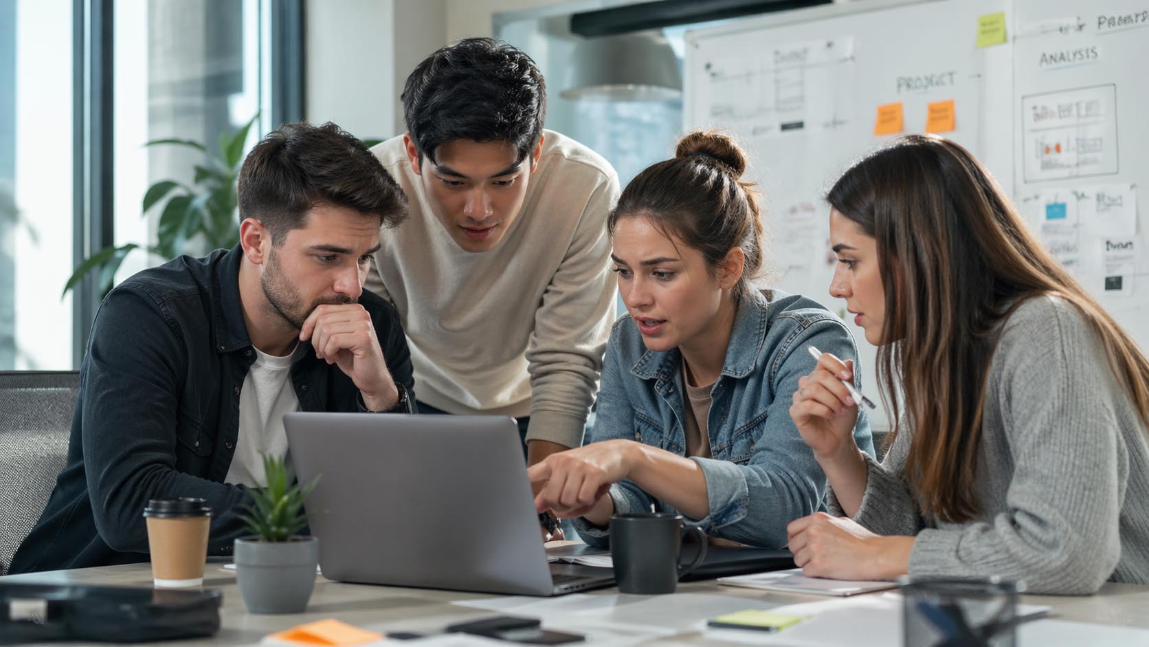 Mladi tim analizira grešku na laptopu u kancelariji.
