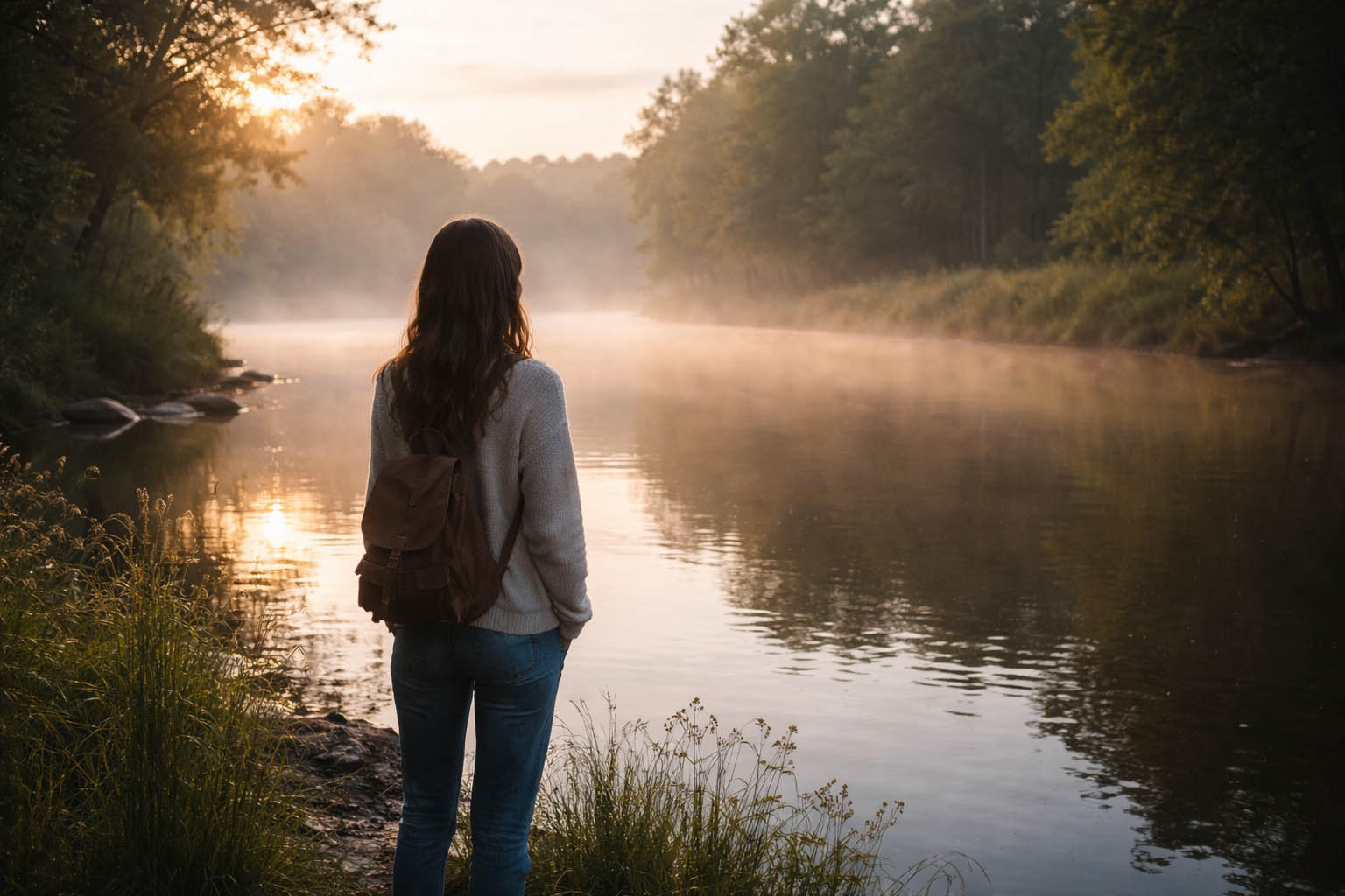 Osoba stoji sama na obali reke u tišini i gleda u vodu.